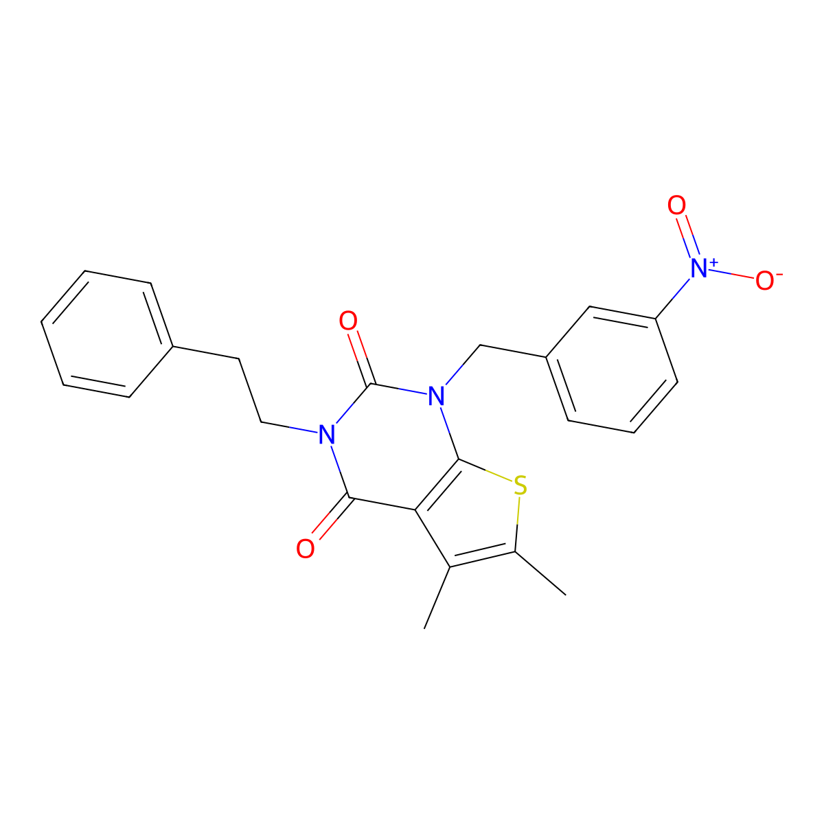 5,6-dimethyl-1-[(3-nitrophenyl)methyl]-3-(2-phenylethyl)-1H,2H,3H,4H-thieno[2,3-d]pyrimidine-2,4-dione molecular structure, CAS 689757-12-8