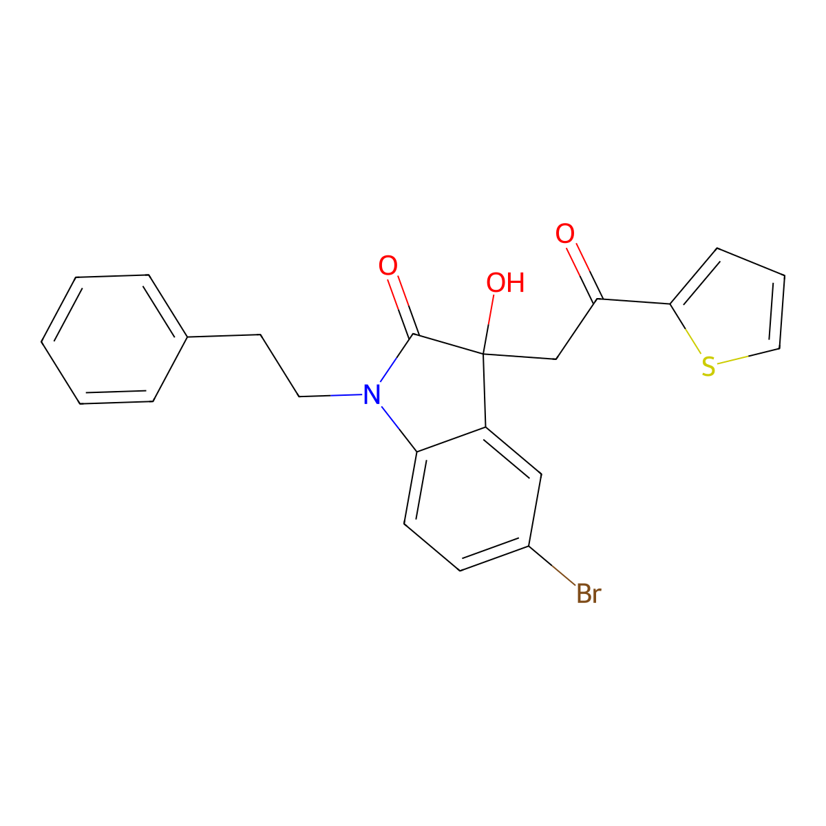 5-bromo-3-hydroxy-3-[2-oxo-2-(thiophen-2-yl)ethyl]-1-(2-phenylethyl)-1,3-dihydro-2H-indol-2-one molecular structure, CAS 689757-13-9