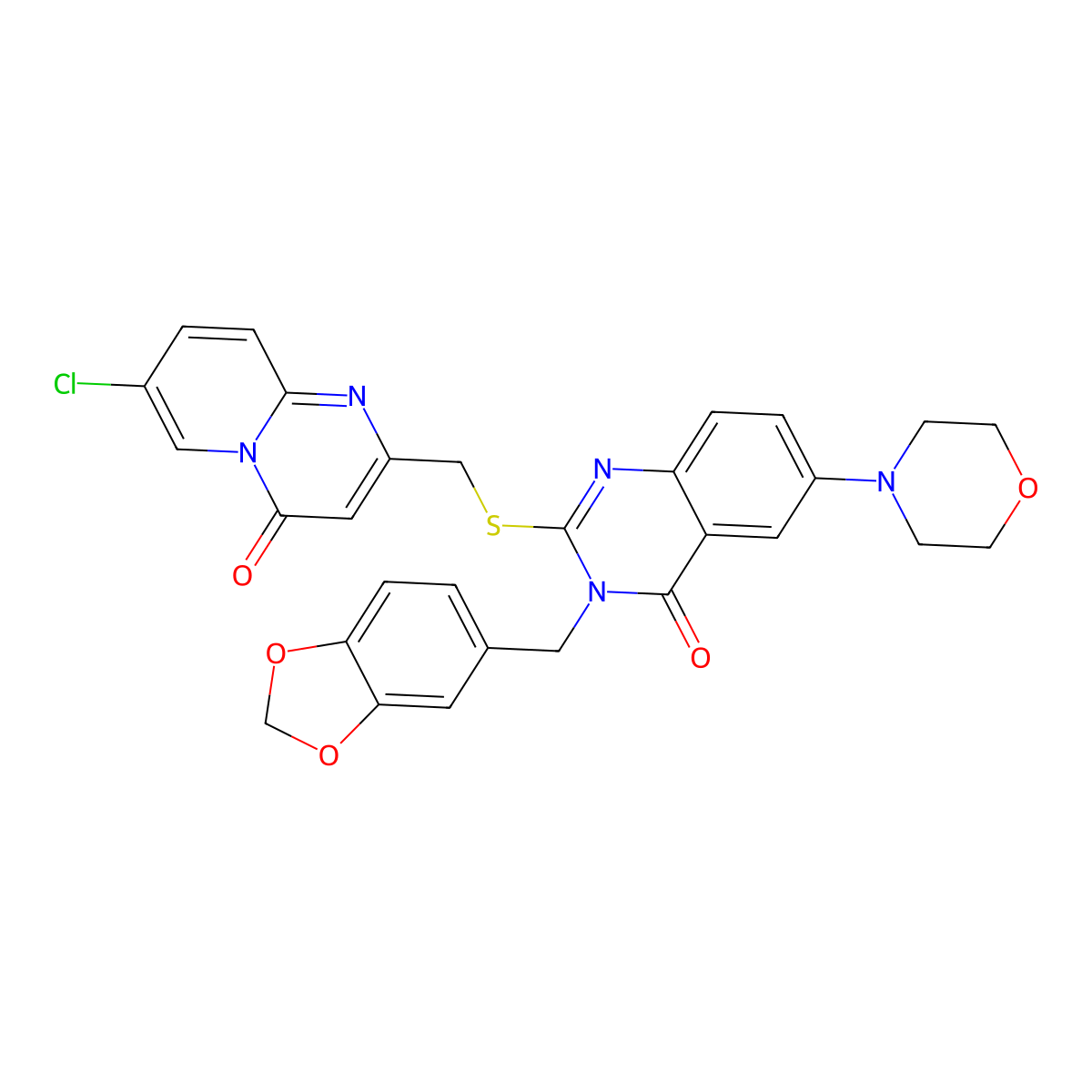 3-(1,3-Benzodioxol-5-ylmethyl)-2-[(7-chloro-4-oxopyrido[1,2-a]pyrimidin-2-yl)methylsulfanyl]-6-morpholin-4-ylquinazolin-4-one molecular structure, CAS 689757-15-1