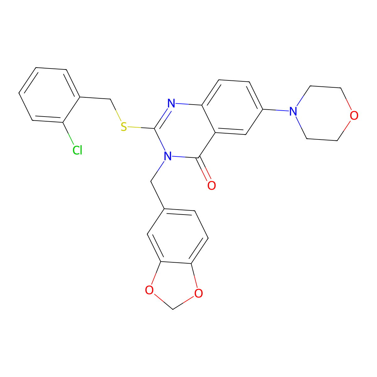 3-(1,3-Benzodioxol-5-ylmethyl)-2-[(2-chlorophenyl)methylsulfanyl]-6-morpholin-4-ylquinazolin-4-one molecular structure, CAS 689757-21-9
