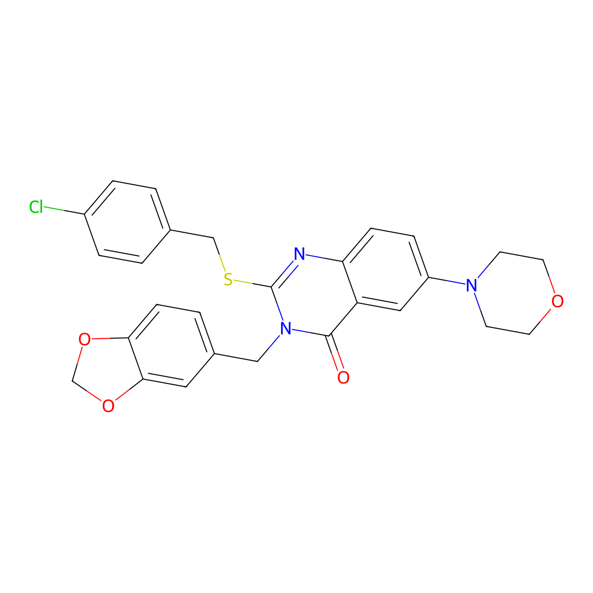3-(benzo[d][1,3]dioxol-5-ylmethyl)-2-((4-chlorobenzyl)thio)-6-morpholinoquinazolin-4(3H)-one molecular structure, CAS 689757-27-5