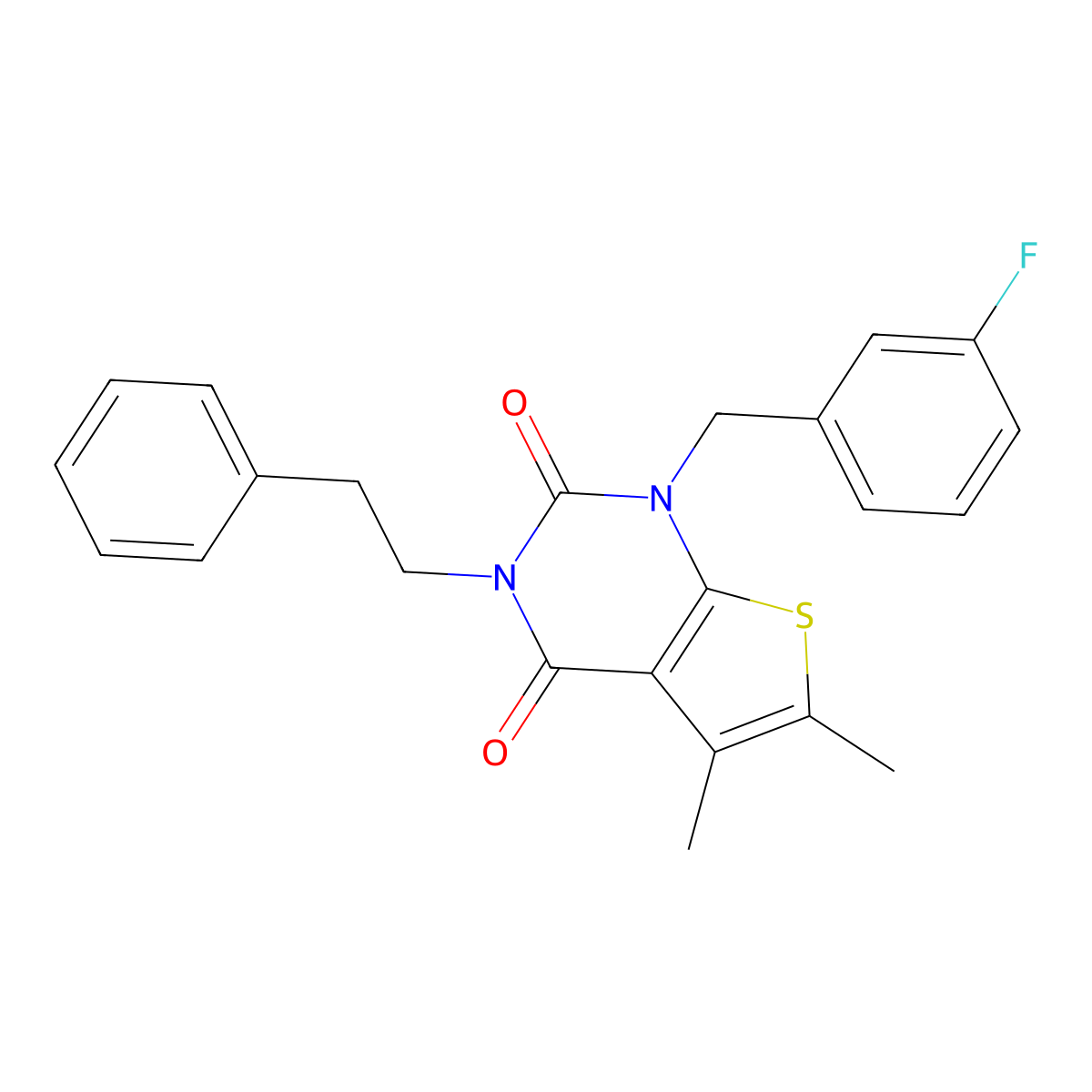 1-[(3-fluorophenyl)methyl]-5,6-dimethyl-3-(2-phenylethyl)-1H,2H,3H,4H-thieno[2,3-d]pyrimidine-2,4-dione molecular structure, CAS 689757-30-0