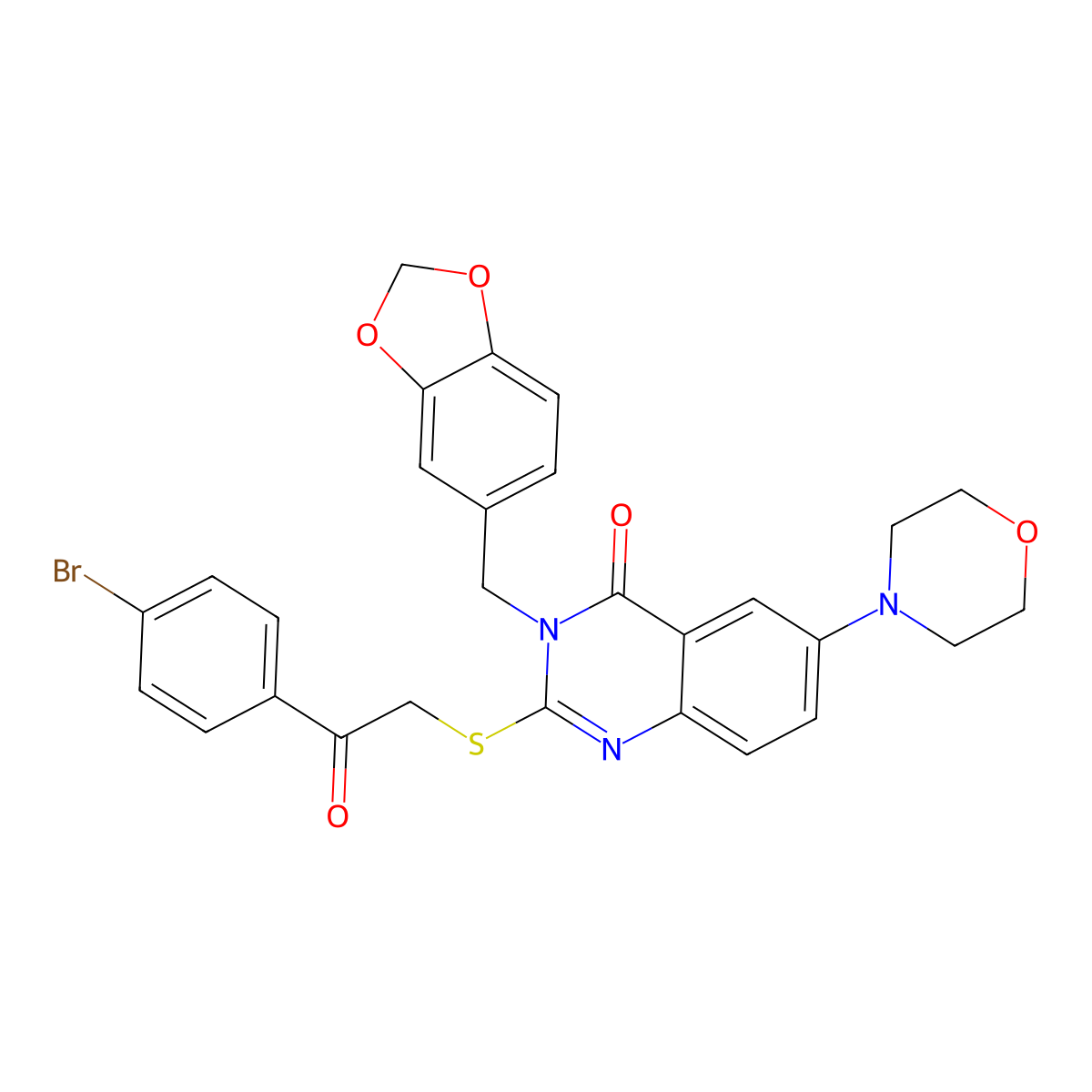 3-(1,3-Benzodioxol-5-ylmethyl)-2-[2-(4-bromophenyl)-2-oxoethyl]sulfanyl-6-morpholin-4-ylquinazolin-4-one molecular structure, CAS 689757-33-3