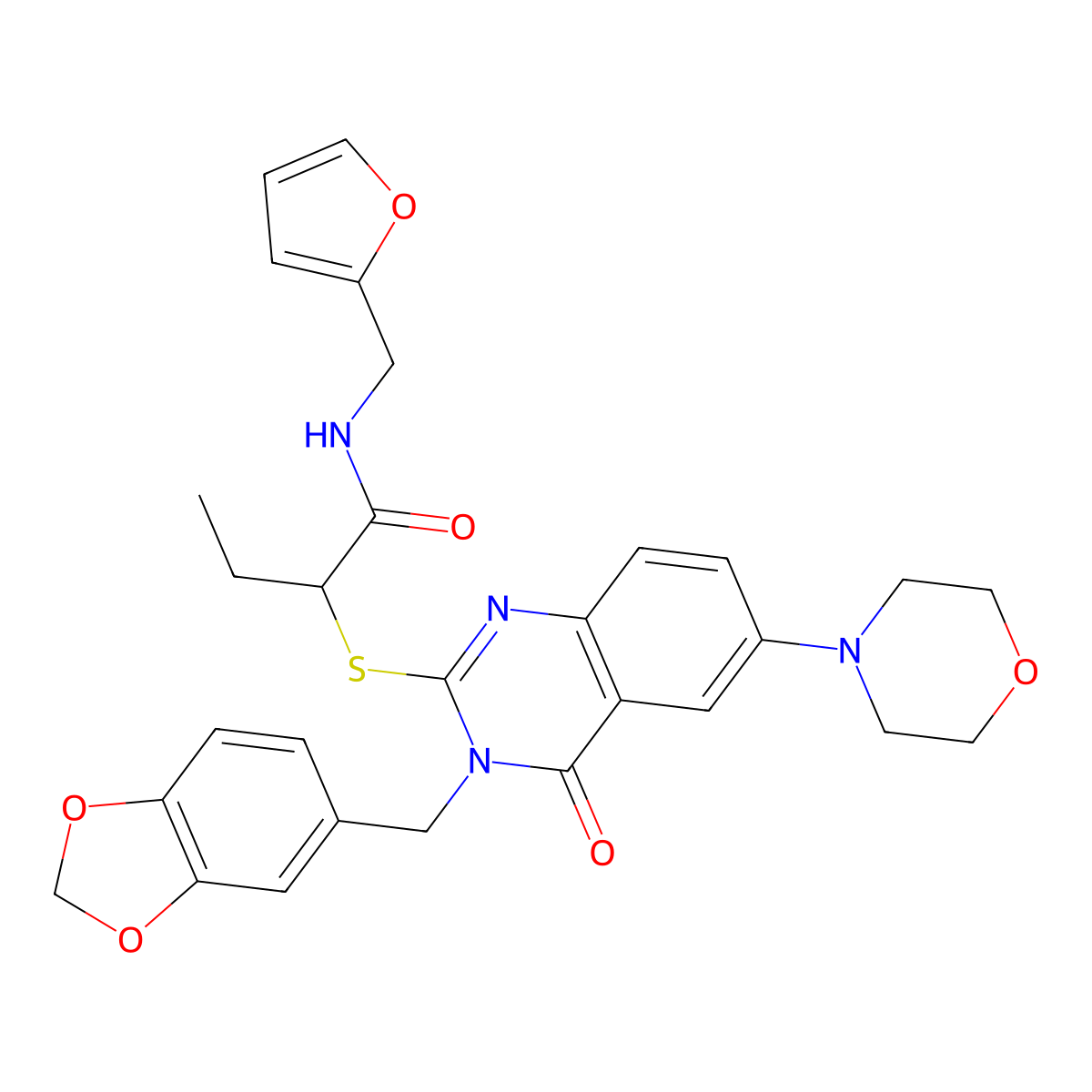 2-[3-(1,3-benzodioxol-5-ylmethyl)-6-morpholin-4-yl-4-oxoquinazolin-2-yl]sulfanyl-N-(furan-2-ylmethyl)butanamide molecular structure, CAS 689757-45-7