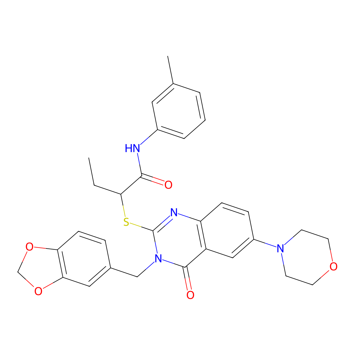 2-[3-(1,3-benzodioxol-5-ylmethyl)-6-morpholin-4-yl-4-oxoquinazolin-2-yl]sulfanyl-N-(3-methylphenyl)butanamide molecular structure, CAS 689757-58-2