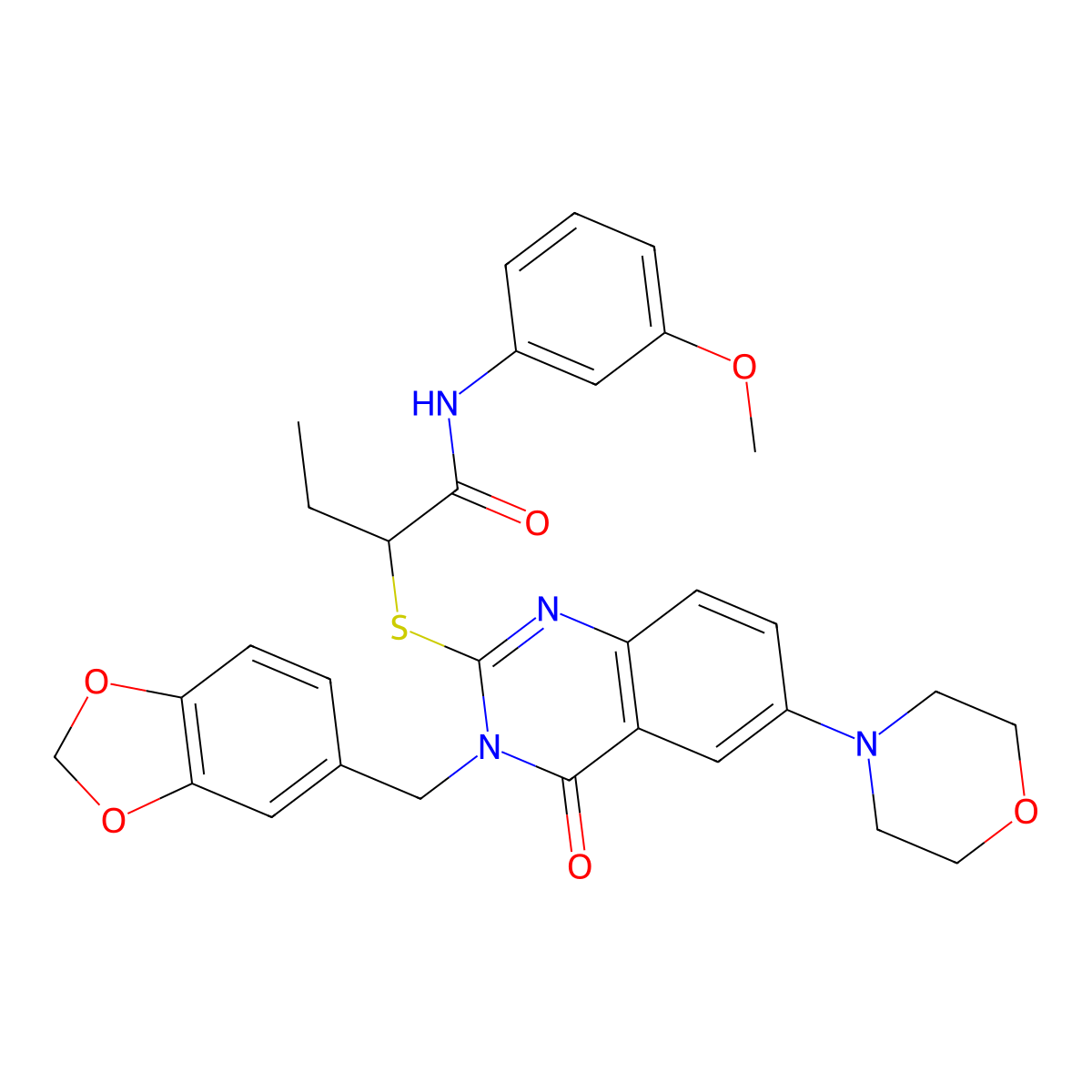 2-[3-(1,3-benzodioxol-5-ylmethyl)-6-morpholin-4-yl-4-oxoquinazolin-2-yl]sulfanyl-N-(3-methoxyphenyl)butanamide molecular structure, CAS 689757-70-8