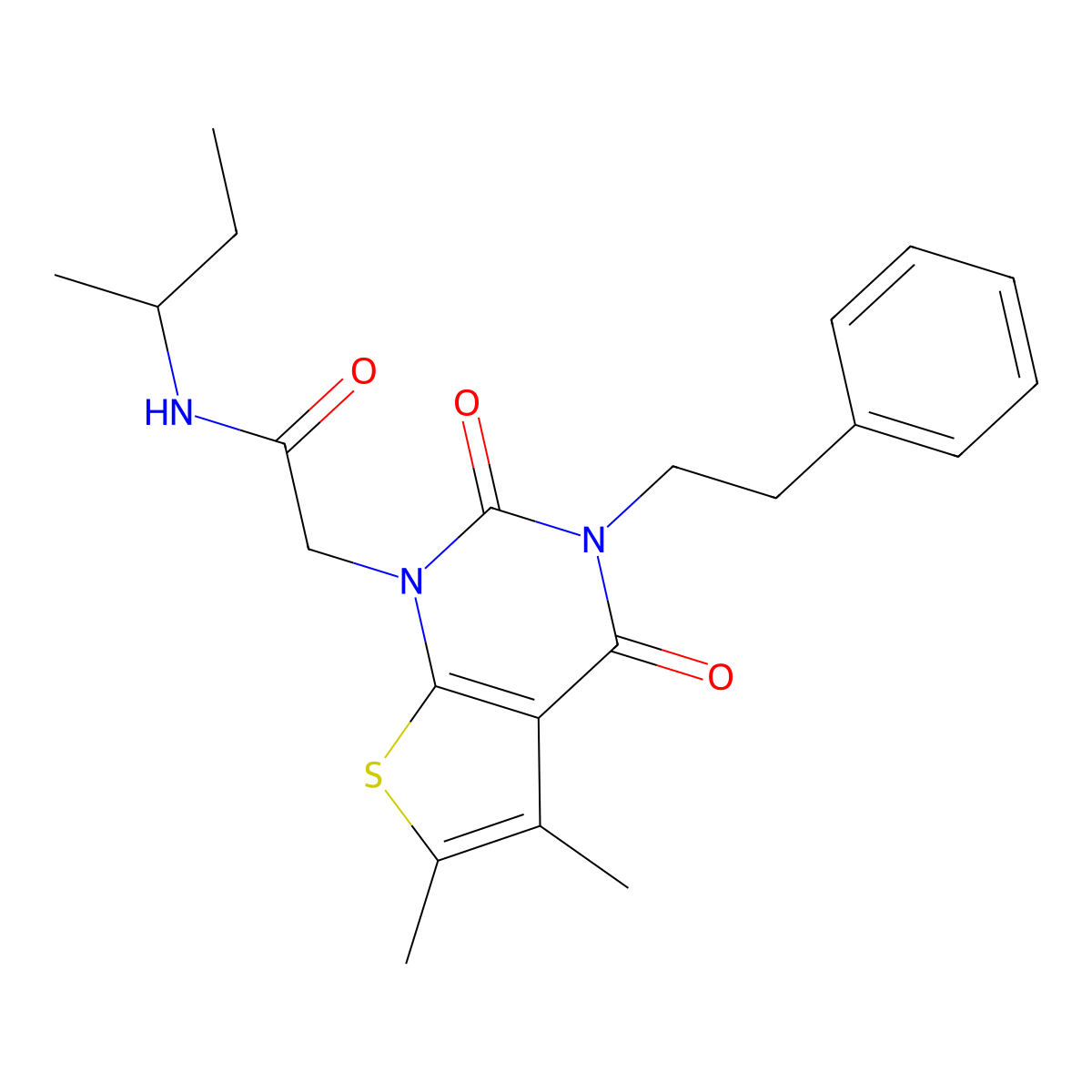 N-(butan-2-yl)-2-[5,6-dimethyl-2,4-dioxo-3-(2-phenylethyl)-1H,2H,3H,4H-thieno[2,3-d]pyrimidin-1-yl]acetamide molecular structure, CAS 689757-72-0