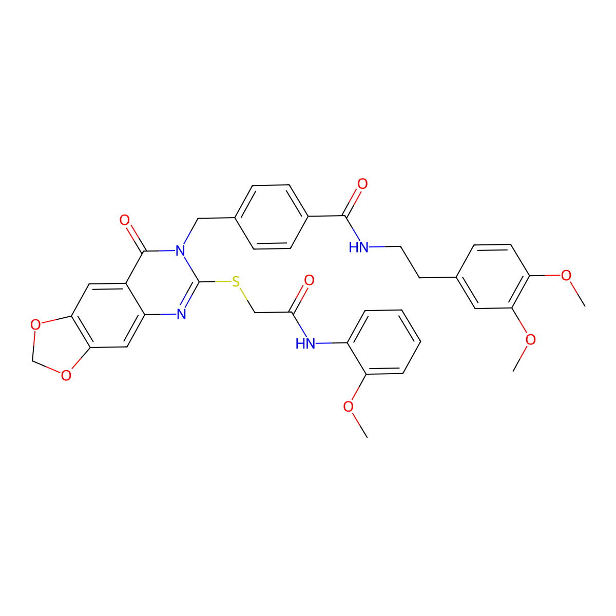 N-(3,4-dimethoxyphenethyl)-4-((6-((2-((2-methoxyphenyl)amino)-2-oxoethyl)thio)-8-oxo-[1,3]dioxolo[4,5-g]quinazolin-7(8H)-yl)methyl)benzamide molecular structure, CAS 689757-90-2