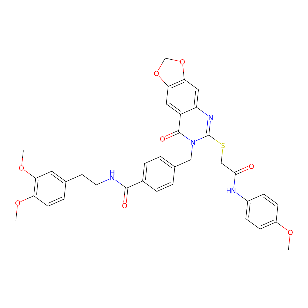 N-(3,4-dimethoxyphenethyl)-4-((6-((2-((4-methoxyphenyl)amino)-2-oxoethyl)thio)-8-oxo-[1,3]dioxolo[4,5-g]quinazolin-7(8H)-yl)methyl)benzamide molecular structure, CAS 689757-96-8