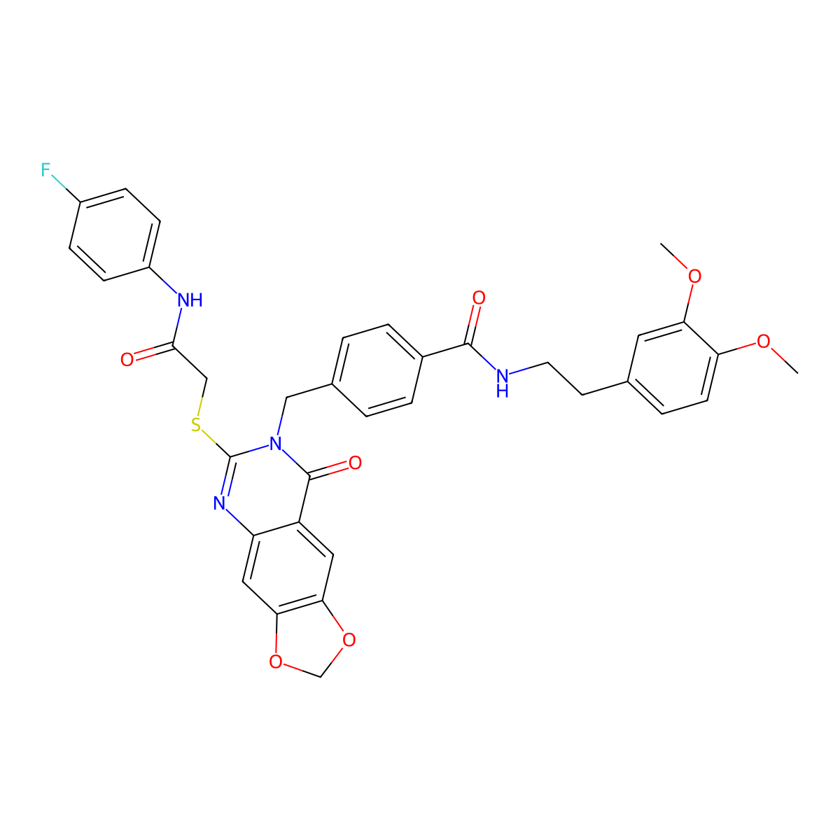 N-(3,4-dimethoxyphenethyl)-4-((6-((2-((4-fluorophenyl)amino)-2-oxoethyl)thio)-8-oxo-[1,3]dioxolo[4,5-g]quinazolin-7(8H)-yl)methyl)benzamide molecular structure, CAS 689758-02-9