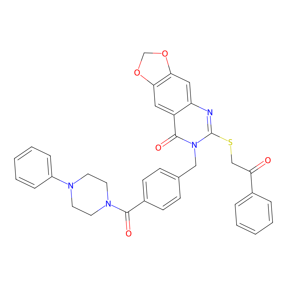 6-((2-oxo-2-phenylethyl)thio)-7-(4-(4-phenylpiperazine-1-carbonyl)benzyl)-[1,3]dioxolo[4,5-g]quinazolin-8(7H)-one molecular structure, CAS 689758-08-5