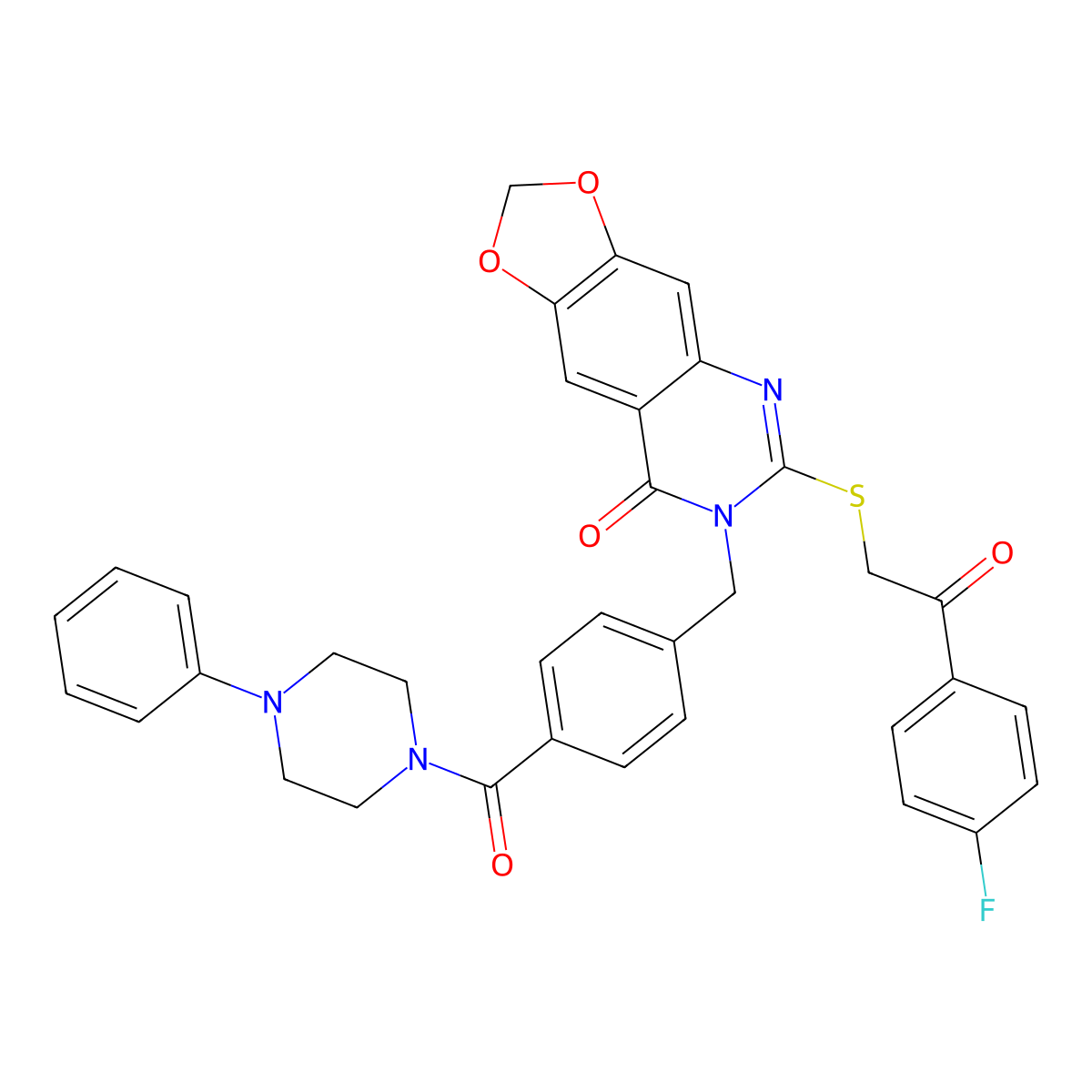 6-((2-(4-fluorophenyl)-2-oxoethyl)thio)-7-(4-(4-phenylpiperazine-1-carbonyl)benzyl)-[1,3]dioxolo[4,5-g]quinazolin-8(7H)-one molecular structure, CAS 689758-14-3