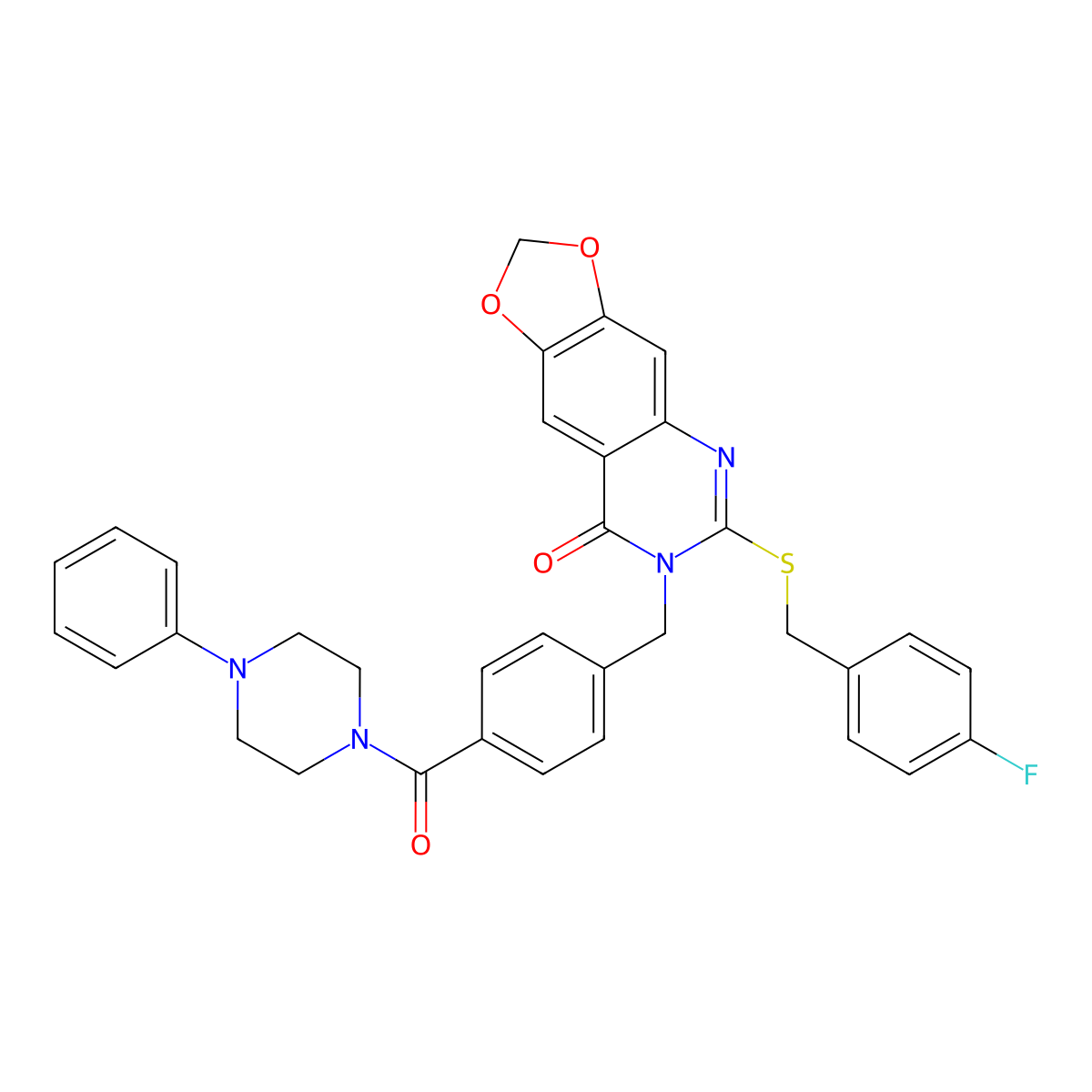 6-{[(4-fluorophenyl)methyl]sulfanyl}-7-{[4-(4-phenylpiperazine-1-carbonyl)phenyl]methyl}-2H,7H,8H-[1,3]dioxolo[4,5-g]quinazolin-8-one molecular structure, CAS 689758-39-2