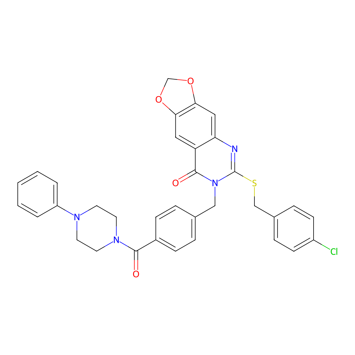 6-[(4-chlorobenzyl)thio]-7-{4-[(4-phenylpiperazin-1-yl)carbonyl]benzyl}[1,3]dioxolo[4,5-g]quinazolin-8(7H)-one molecular structure, CAS 689758-57-4