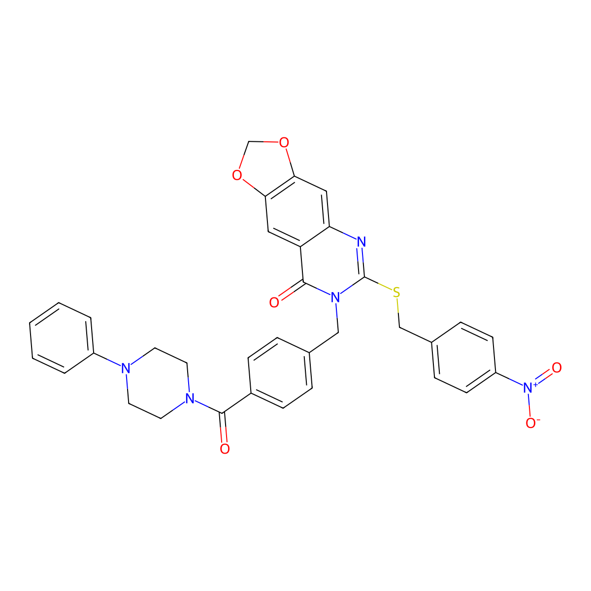 6-[(4-nitrobenzyl)thio]-7-{4-[(4-phenylpiperazin-1-yl)carbonyl]benzyl}[1,3]dioxolo[4,5-g]quinazolin-8(7H)-one molecular structure, CAS 689758-63-2