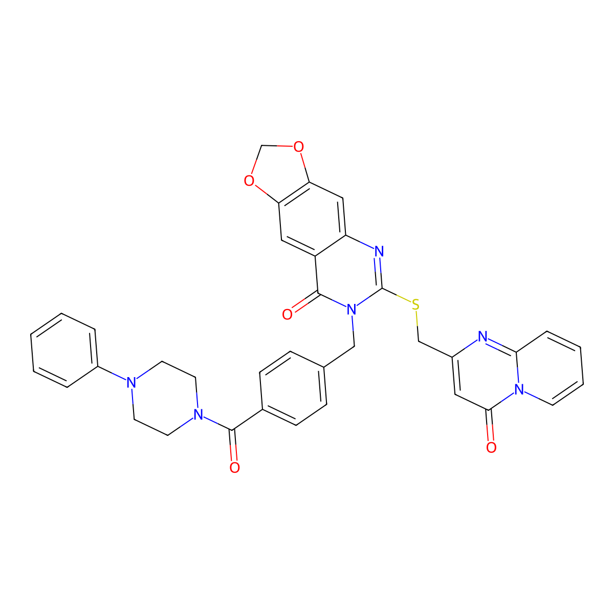6-{[(4-oxo-4H-pyrido[1,2-a]pyrimidin-2-yl)methyl]thio}-7-{4-[(4-phenylpiperazin-1-yl)carbonyl]benzyl}[1,3]dioxolo[4,5-g]quinazolin-8(7H)-one molecular structure, CAS 689758-75-6