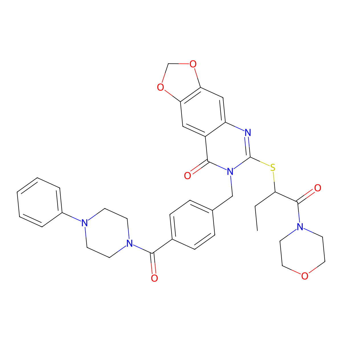 6-{[1-(morpholin-4-yl)-1-oxobutan-2-yl]sulfanyl}-7-{[4-(4-phenylpiperazine-1-carbonyl)phenyl]methyl}-2H,7H,8H-[1,3]dioxolo[4,5-g]quinazolin-8-one molecular structure, CAS 689758-81-4