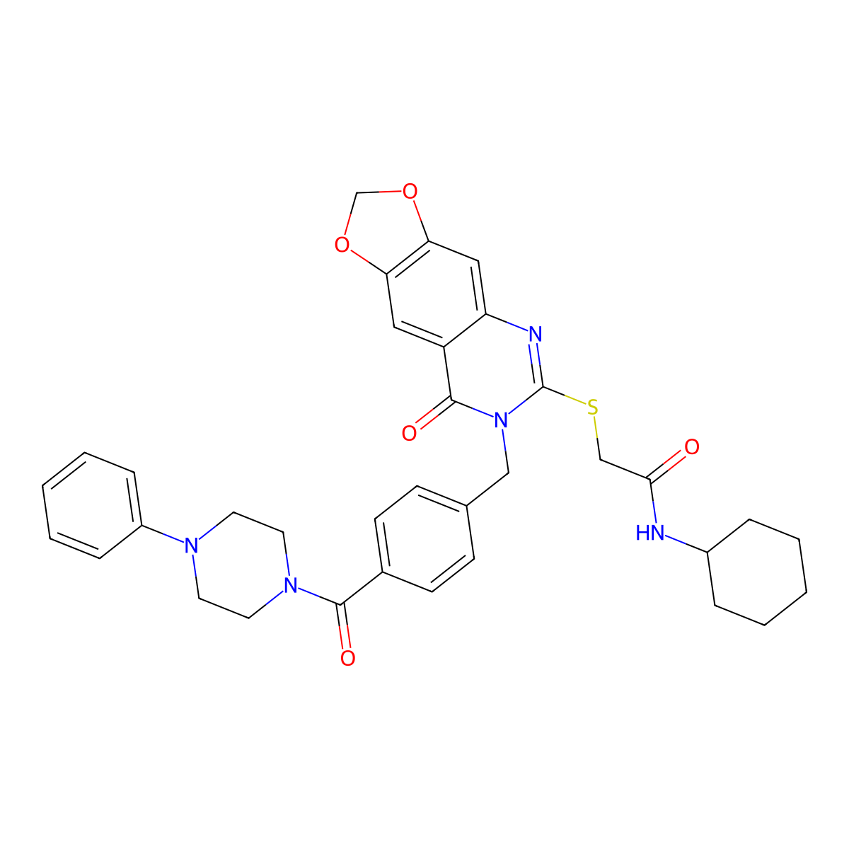 N-cyclohexyl-2-((8-oxo-7-(4-(4-phenylpiperazine-1-carbonyl)benzyl)-7,8-dihydro-[1,3]dioxolo[4,5-g]quinazolin-6-yl)thio)acetamide molecular structure, CAS 689758-88-1