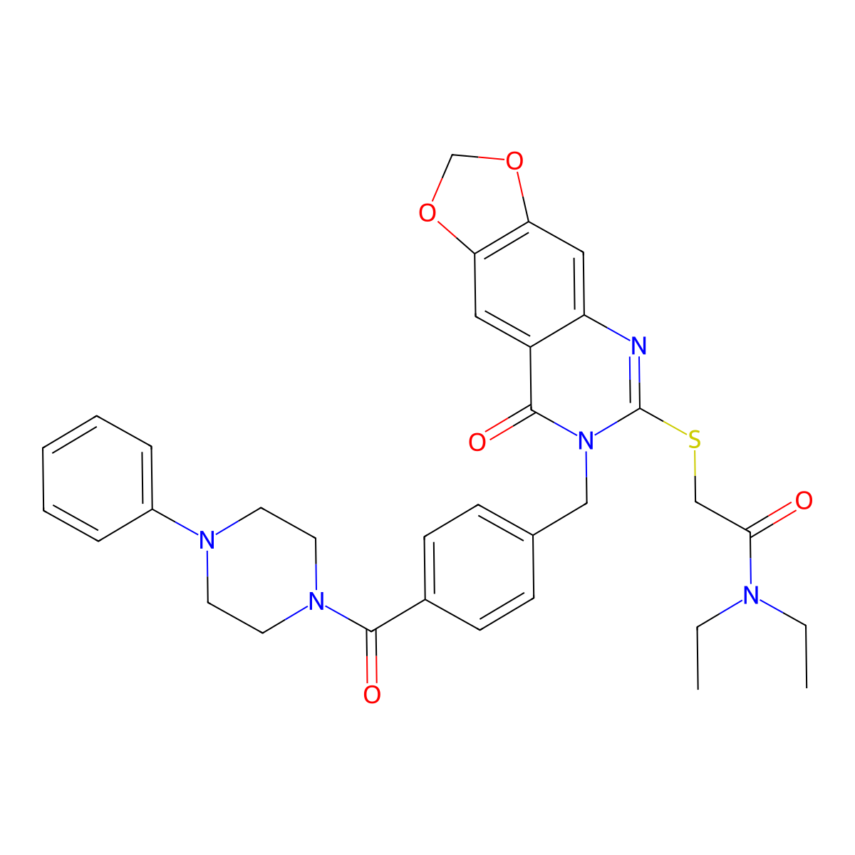 N,N-diethyl-2-((8-oxo-7-(4-(4-phenylpiperazine-1-carbonyl)benzyl)-7,8-dihydro-[1,3]dioxolo[4,5-g]quinazolin-6-yl)thio)acetamide molecular structure, CAS 689758-95-0