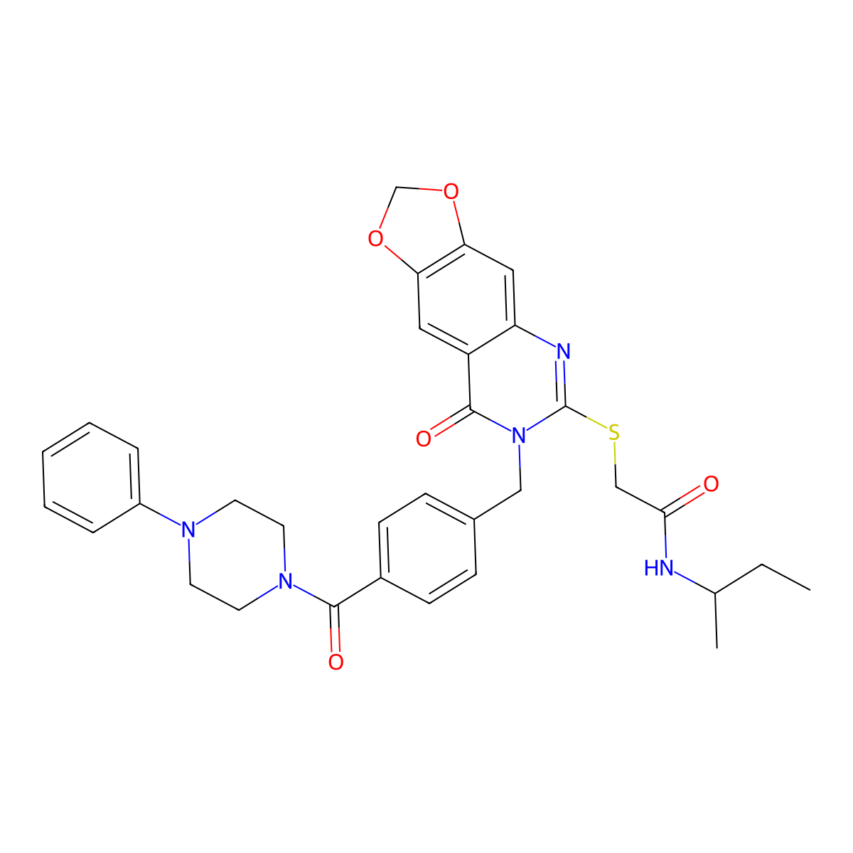 N-(sec-butyl)-2-((8-oxo-7-(4-(4-phenylpiperazine-1-carbonyl)benzyl)-7,8-dihydro-[1,3]dioxolo[4,5-g]quinazolin-6-yl)thio)acetamide molecular structure, CAS 689759-06-6