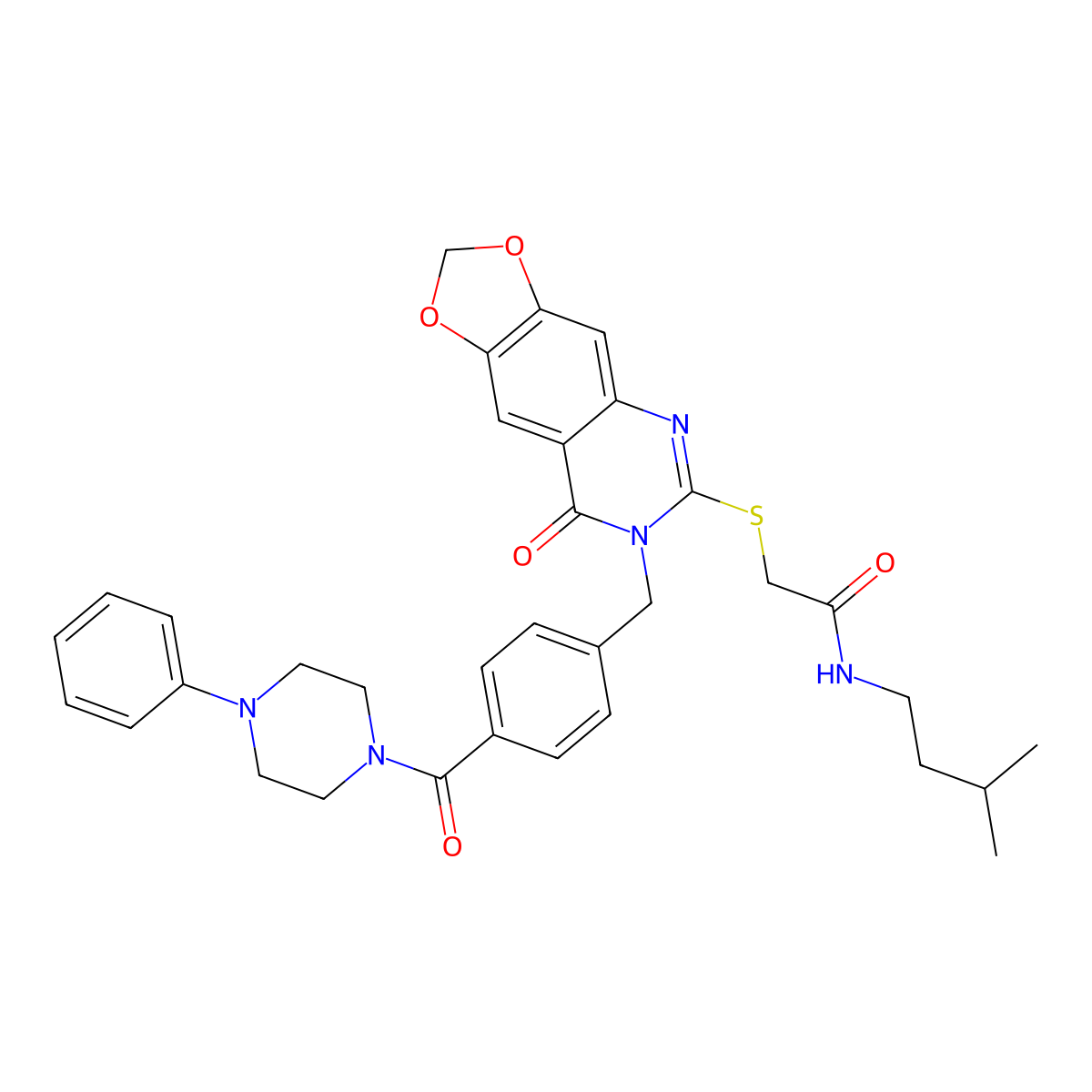 N-isopentyl-2-((8-oxo-7-(4-(4-phenylpiperazine-1-carbonyl)benzyl)-7,8-dihydro-[1,3]dioxolo[4,5-g]quinazolin-6-yl)thio)acetamide molecular structure, CAS 689759-12-4