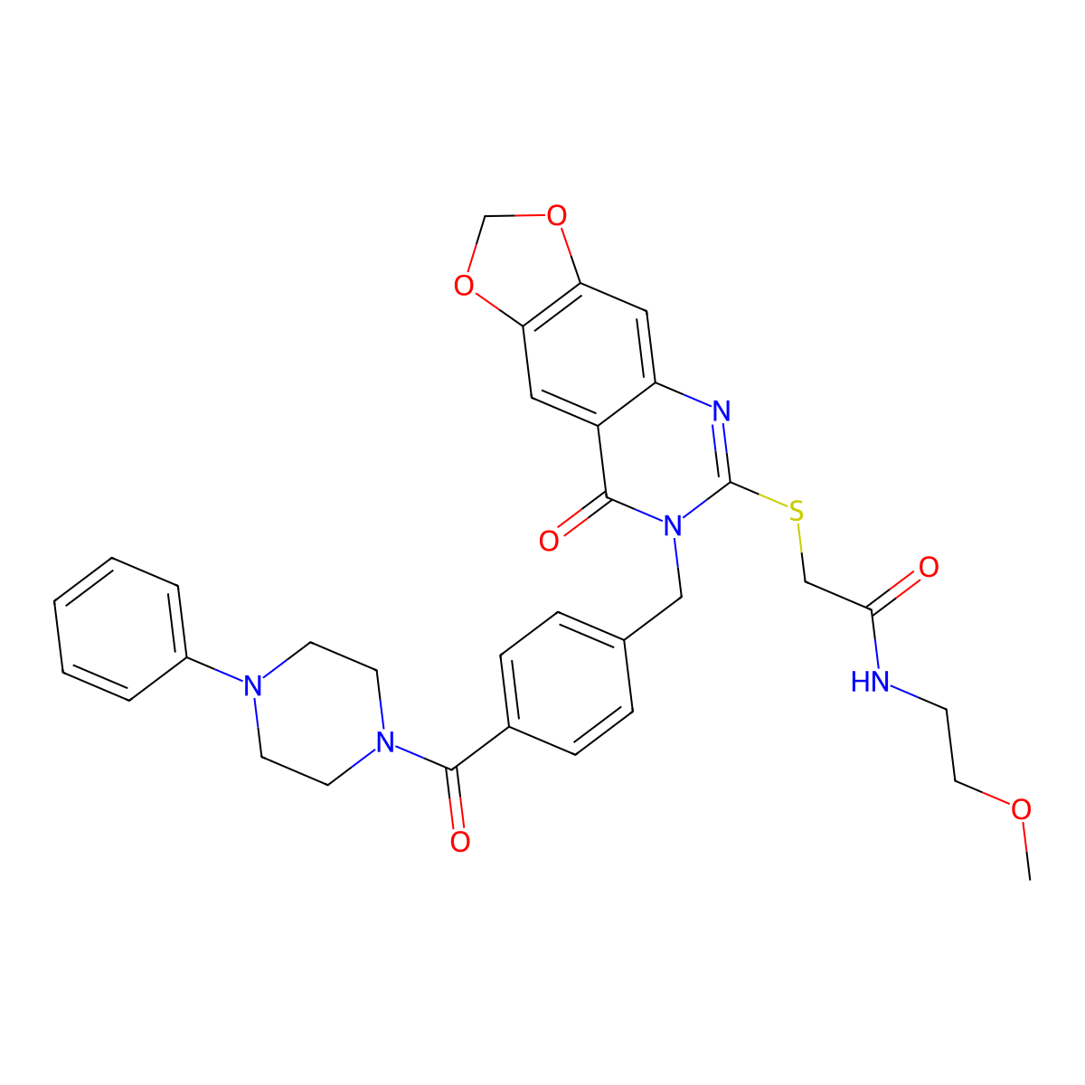 N-(2-methoxyethyl)-2-((8-oxo-7-(4-(4-phenylpiperazine-1-carbonyl)benzyl)-7,8-dihydro-[1,3]dioxolo[4,5-g]quinazolin-6-yl)thio)acetamide molecular structure, CAS 689759-18-0