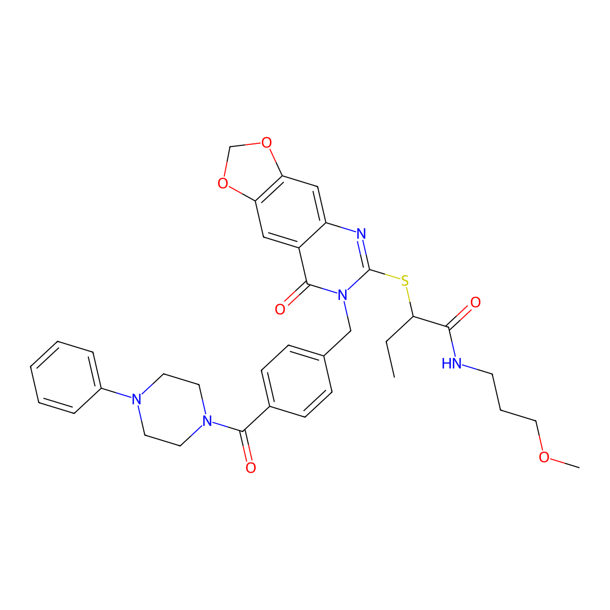 N-(3-methoxypropyl)-2-[(8-oxo-7-{[4-(4-phenylpiperazine-1-carbonyl)phenyl]methyl}-2H,7H,8H-[1,3]dioxolo[4,5-g]quinazolin-6-yl)sulfanyl]butanamide molecular structure, CAS 689759-30-6