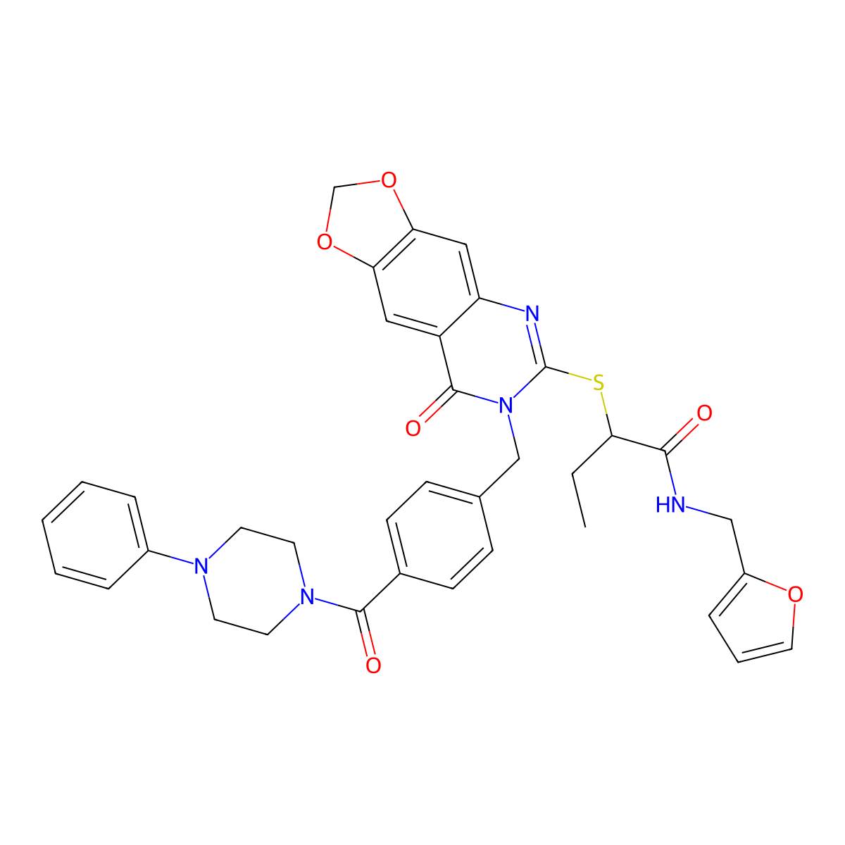N-[(furan-2-yl)methyl]-2-[(8-oxo-7-{[4-(4-phenylpiperazine-1-carbonyl)phenyl]methyl}-2H,7H,8H-[1,3]dioxolo[4,5-g]quinazolin-6-yl)sulfanyl]butanamide molecular structure, CAS 689759-36-2