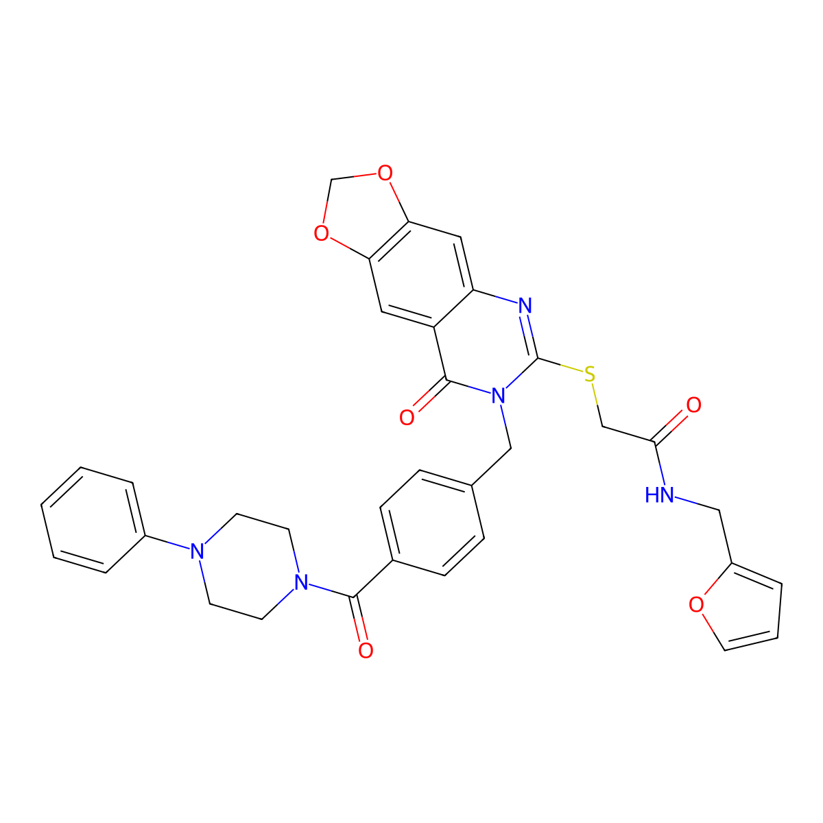 N-[(furan-2-yl)methyl]-2-[(8-oxo-7-{[4-(4-phenylpiperazine-1-carbonyl)phenyl]methyl}-2H,7H,8H-[1,3]dioxolo[4,5-g]quinazolin-6-yl)sulfanyl]acetamide molecular structure, CAS 689759-42-0