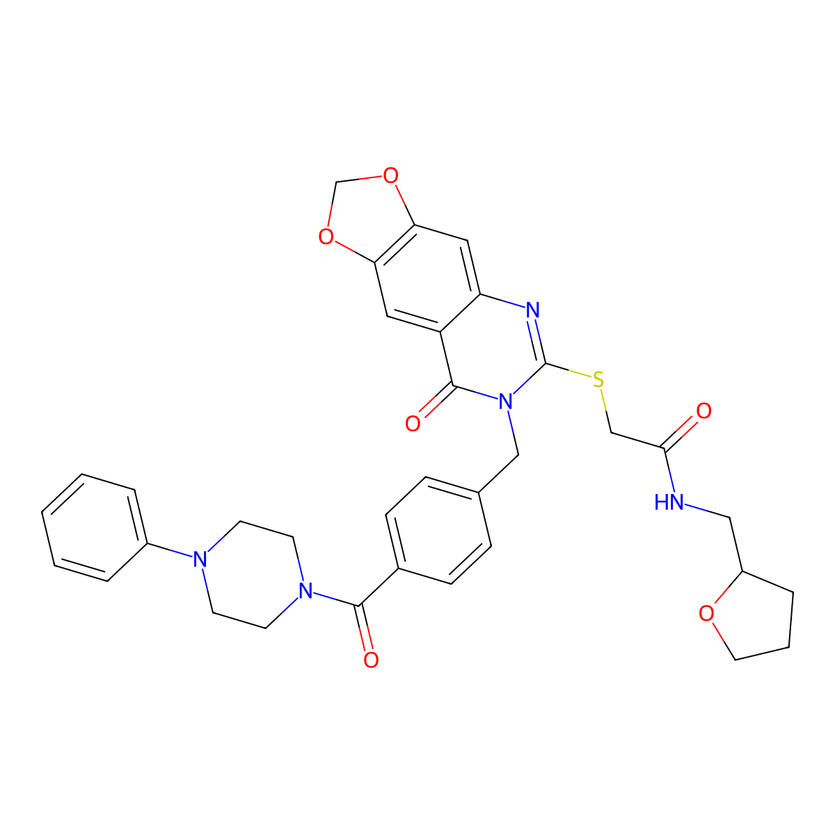 2-[(8-oxo-7-{[4-(4-phenylpiperazine-1-carbonyl)phenyl]methyl}-2H,7H,8H-[1,3]dioxolo[4,5-g]quinazolin-6-yl)sulfanyl]-N-[(oxolan-2-yl)methyl]acetamide molecular structure, CAS 689759-48-6