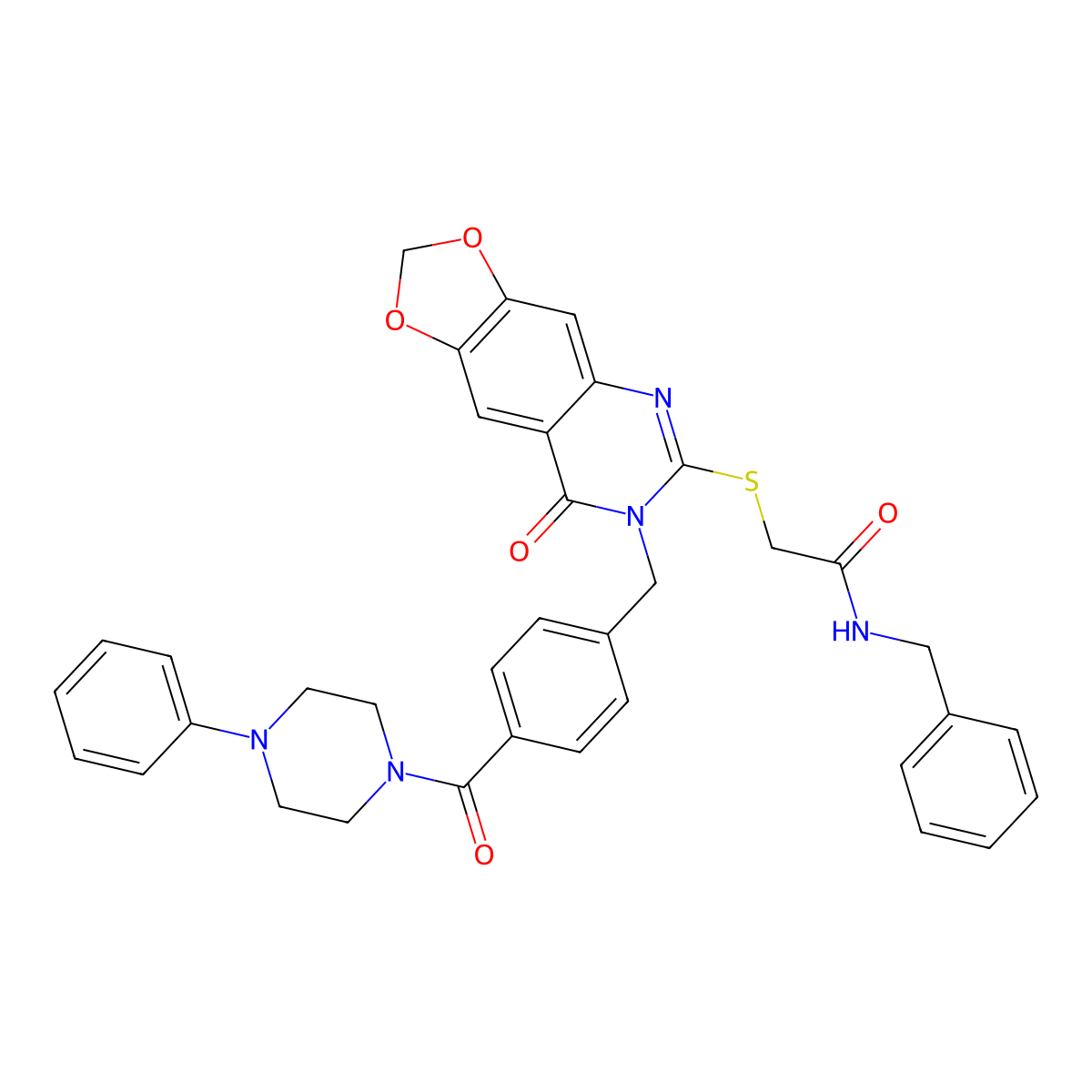 N-benzyl-2-((8-oxo-7-(4-(4-phenylpiperazine-1-carbonyl)benzyl)-7,8-dihydro-[1,3]dioxolo[4,5-g]quinazolin-6-yl)thio)acetamide molecular structure, CAS 689759-54-4