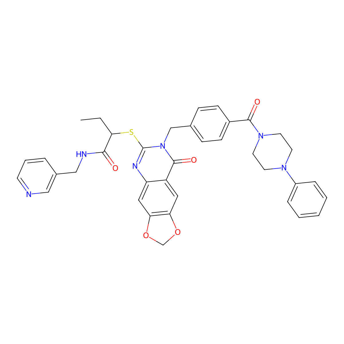 2-((8-oxo-7-(4-(4-phenylpiperazine-1-carbonyl)benzyl)-7,8-dihydro-[1,3]dioxolo[4,5-g]quinazolin-6-yl)thio)-N-(pyridin-3-ylmethyl)butanamide molecular structure, CAS 689759-66-8