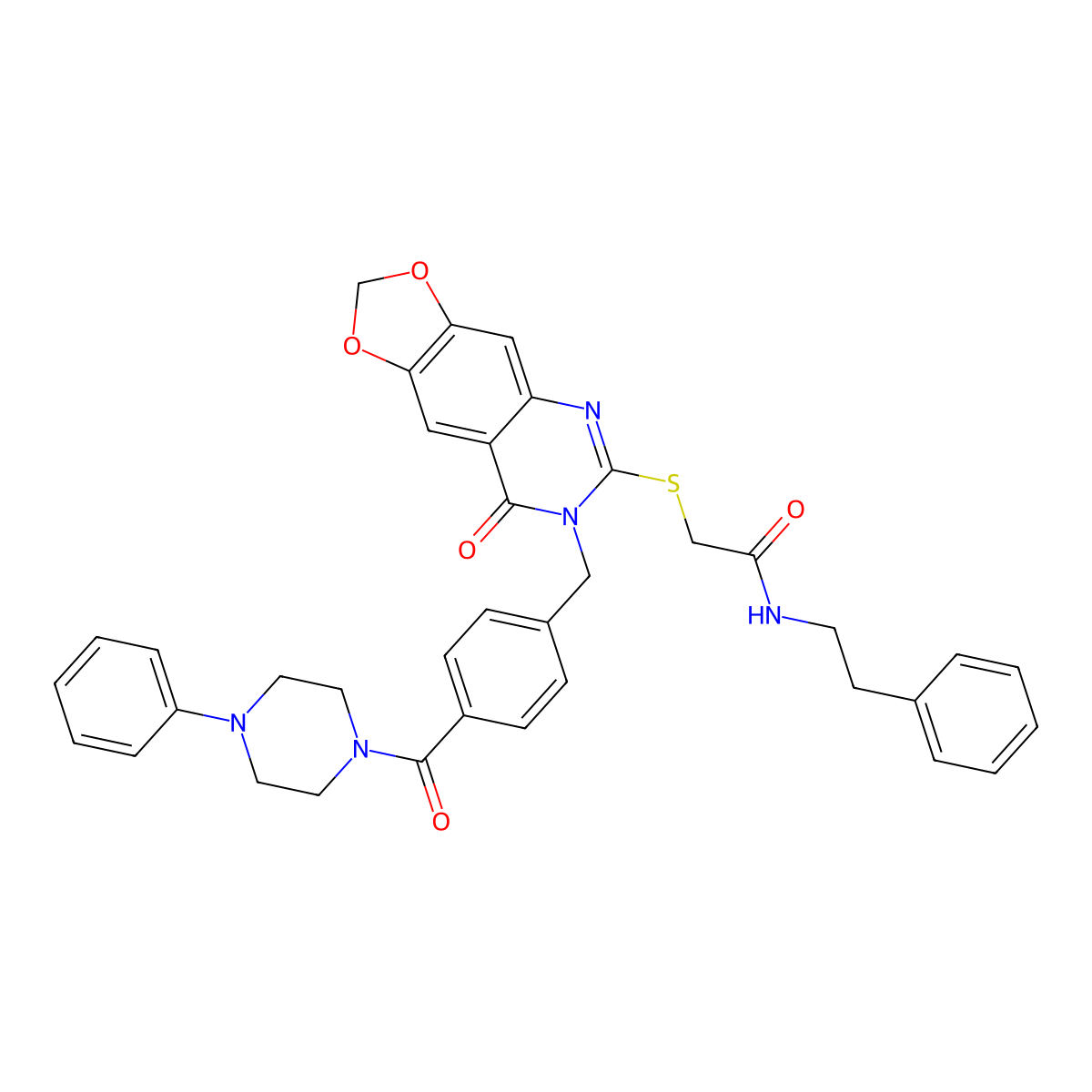 2-((8-oxo-7-(4-(4-phenylpiperazine-1-carbonyl)benzyl)-7,8-dihydro-[1,3]dioxolo[4,5-g]quinazolin-6-yl)thio)-N-phenethylacetamide molecular structure, CAS 689759-72-6
