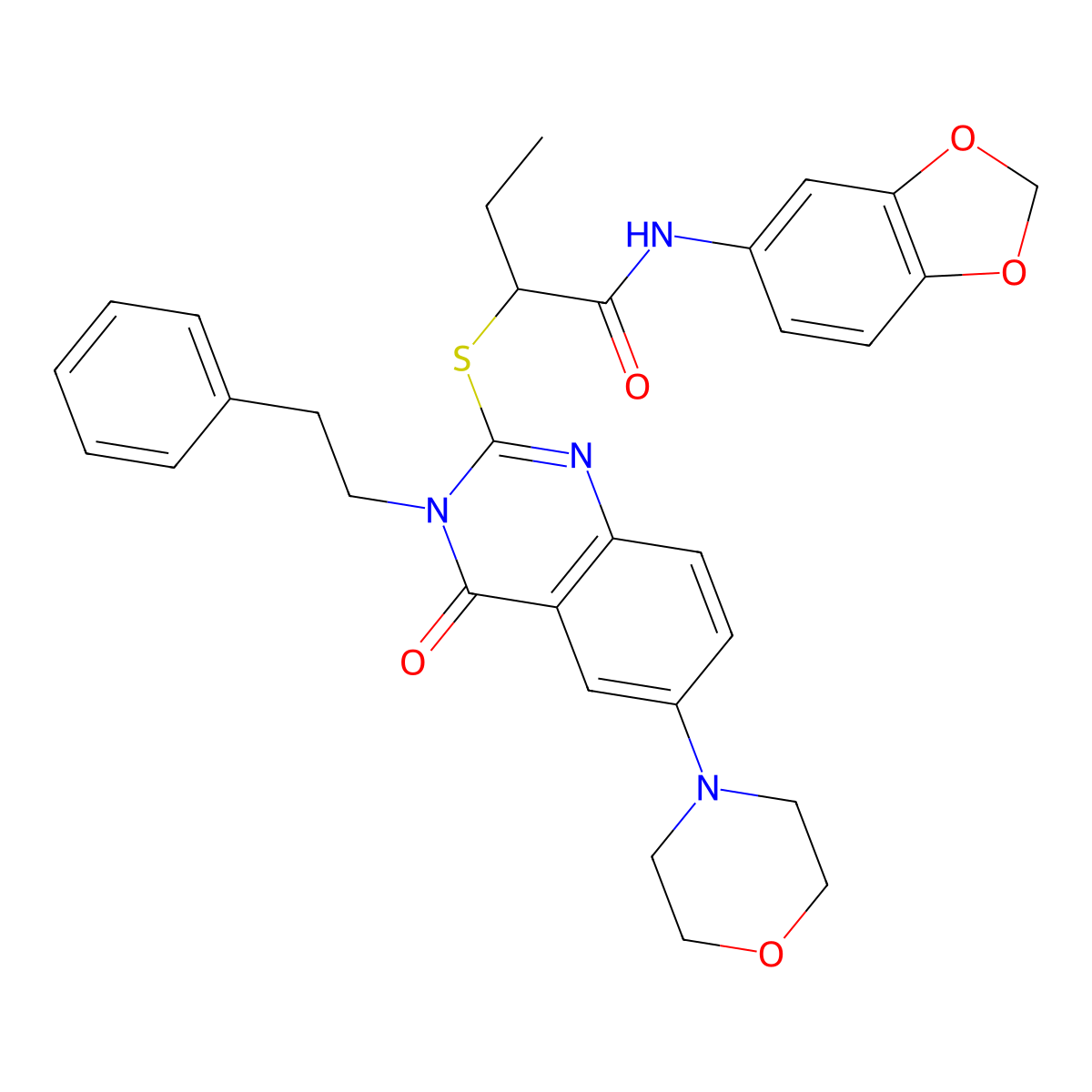 N-(benzo[d][1,3]dioxol-5-yl)-2-((6-morpholino-4-oxo-3-phenethyl-3,4-dihydroquinazolin-2-yl)thio)butanamide molecular structure, CAS 689759-95-3
