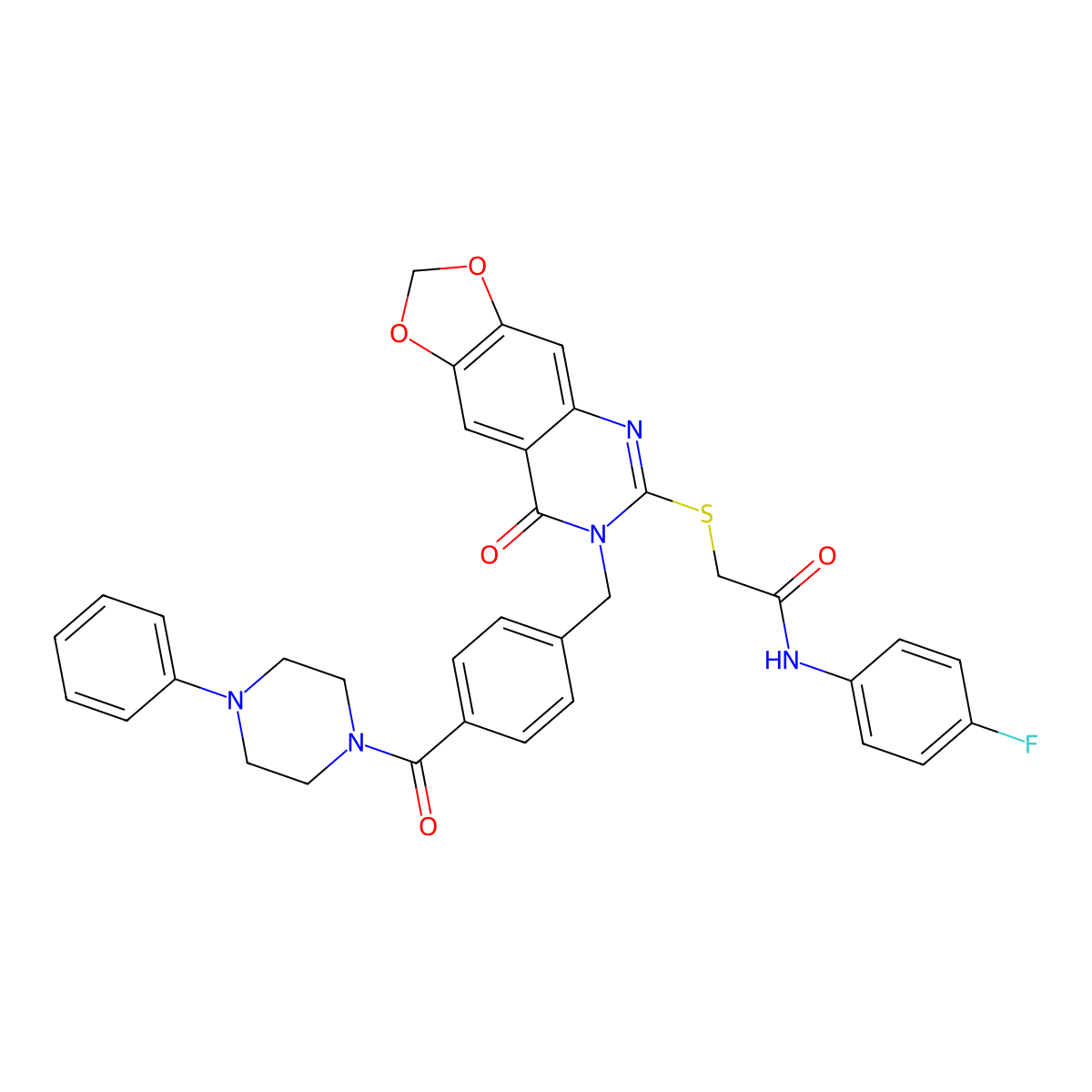 N-(4-fluorophenyl)-2-((8-oxo-7-(4-(4-phenylpiperazine-1-carbonyl)benzyl)-7,8-dihydro-[1,3]dioxolo[4,5-g]quinazolin-6-yl)thio)acetamide molecular structure, CAS 689760-18-7