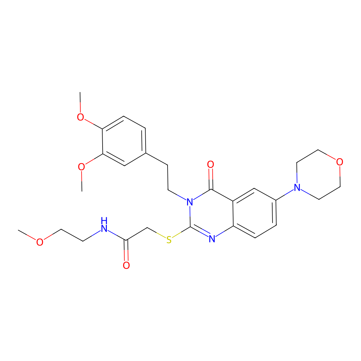 2-({3-[2-(3,4-dimethoxyphenyl)ethyl]-6-(morpholin-4-yl)-4-oxo-3,4-dihydroquinazolin-2-yl}sulfanyl)-N-(2-methoxyethyl)acetamide molecular structure, CAS 689761-01-1