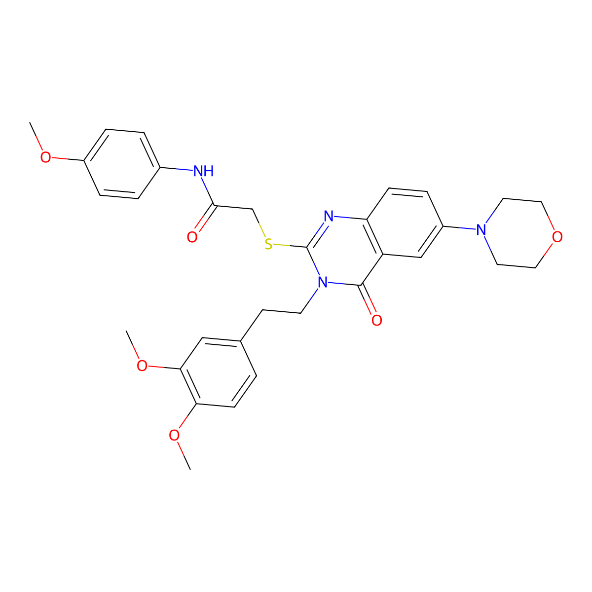2-((3-(3,4-dimethoxyphenethyl)-6-morpholino-4-oxo-3,4-dihydroquinazolin-2-yl)thio)-N-(4-methoxyphenyl)acetamide molecular structure, CAS 689761-23-7