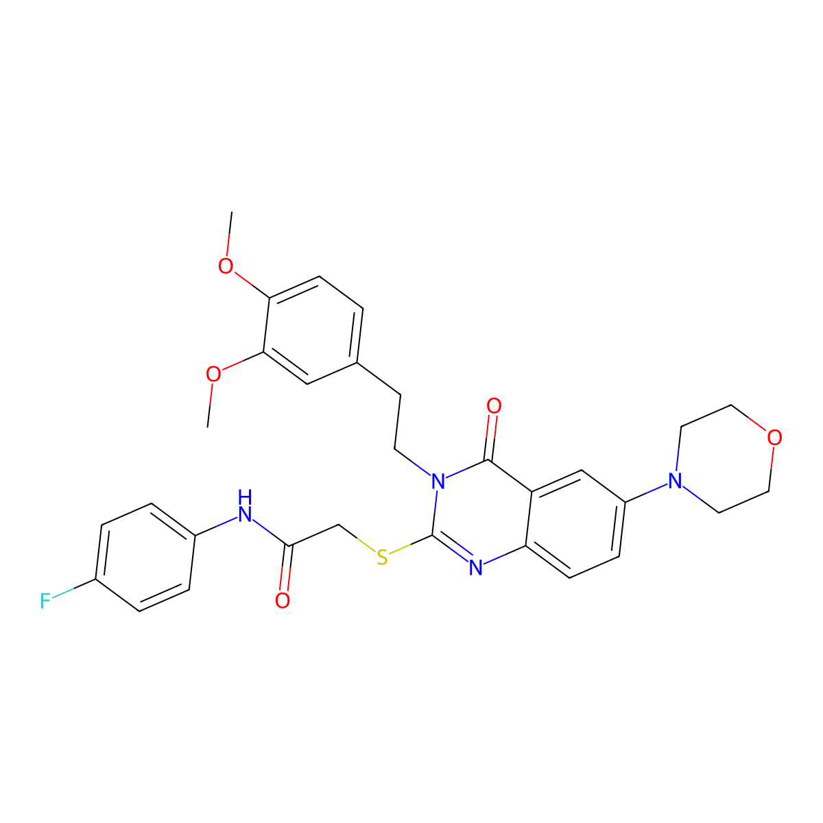 2-((3-(3,4-dimethoxyphenethyl)-6-morpholino-4-oxo-3,4-dihydroquinazolin-2-yl)thio)-N-(4-fluorophenyl)acetamide molecular structure, CAS 689761-29-3