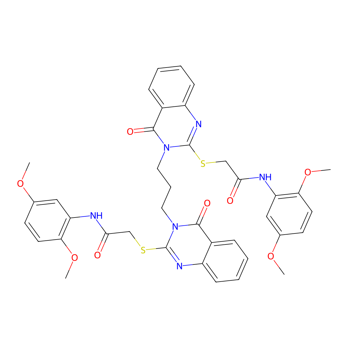 N-(2,5-dimethoxyphenyl)-2-[(3-{3-[2-({[(2,5-dimethoxyphenyl)carbamoyl]methyl}sulfanyl)-4-oxo-3,4-dihydroquinazolin-3-yl]propyl}-4-oxo-3,4-dihydroquinazolin-2-yl)sulfanyl]acetamide molecular structure, CAS 689762-21-8