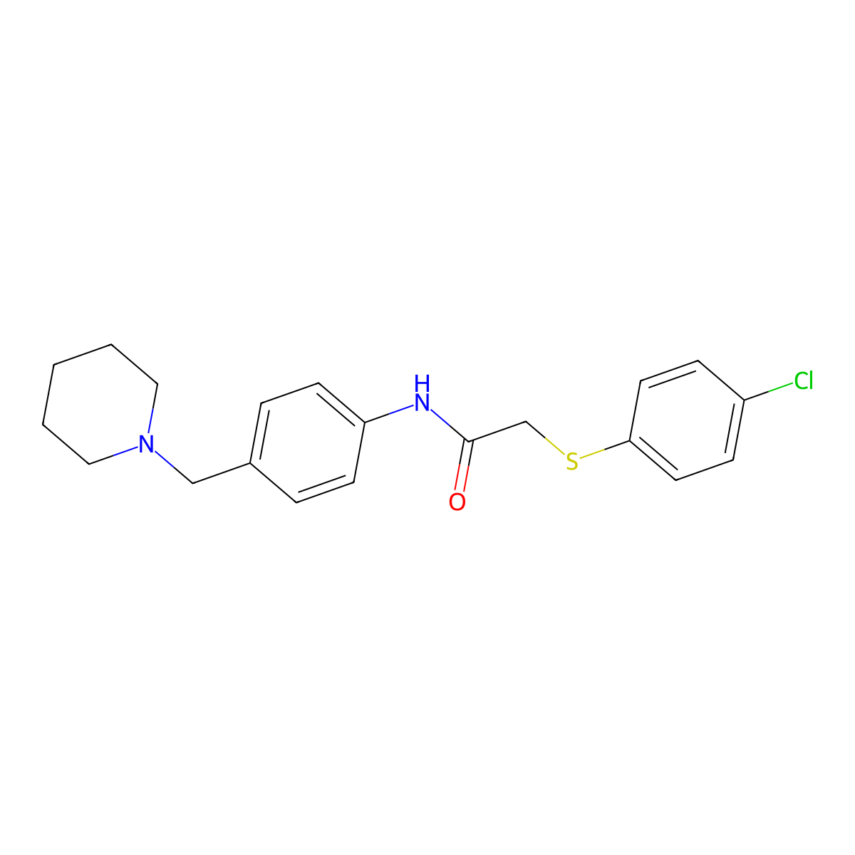 2-(4-chlorophenyl)sulfanyl-N-[4-(piperidin-1-ylmethyl)phenyl]acetamide molecular structure, CAS 689762-65-0