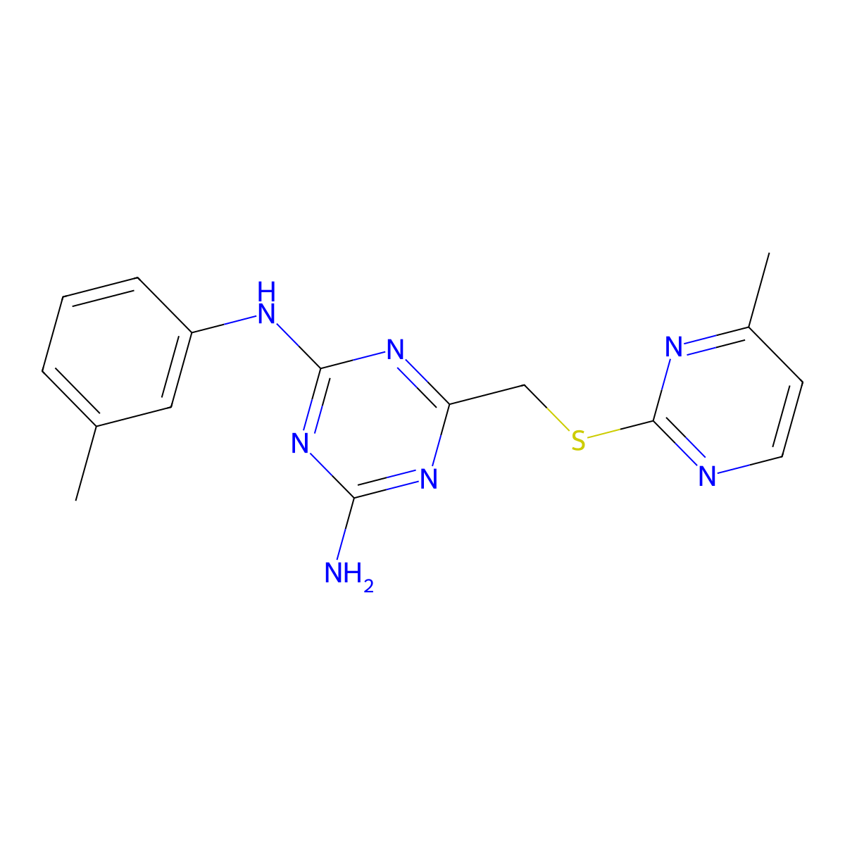 6-(4-Methyl-pyrimidin-2-ylsulfanylmethyl)-N-m-tolyl-[1,3,5]triazine-2,4-diamine molecular structure, CAS 689762-76-3