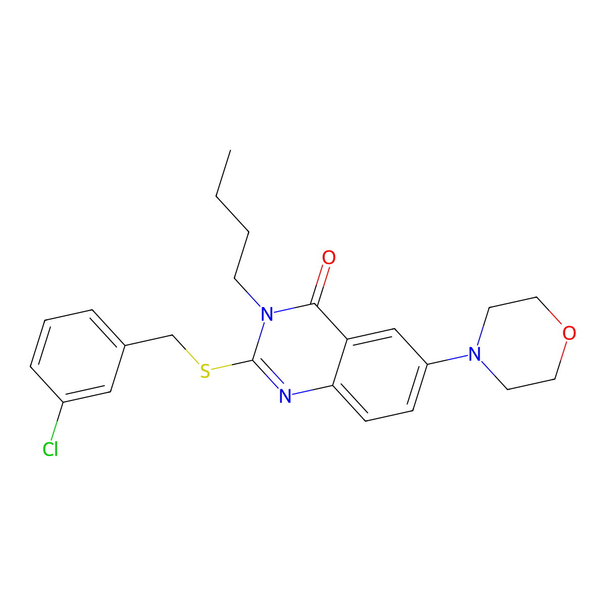 3-butyl-2-((3-chlorobenzyl)thio)-6-morpholinoquinazolin-4(3H)-one molecular structure, CAS 689763-15-3