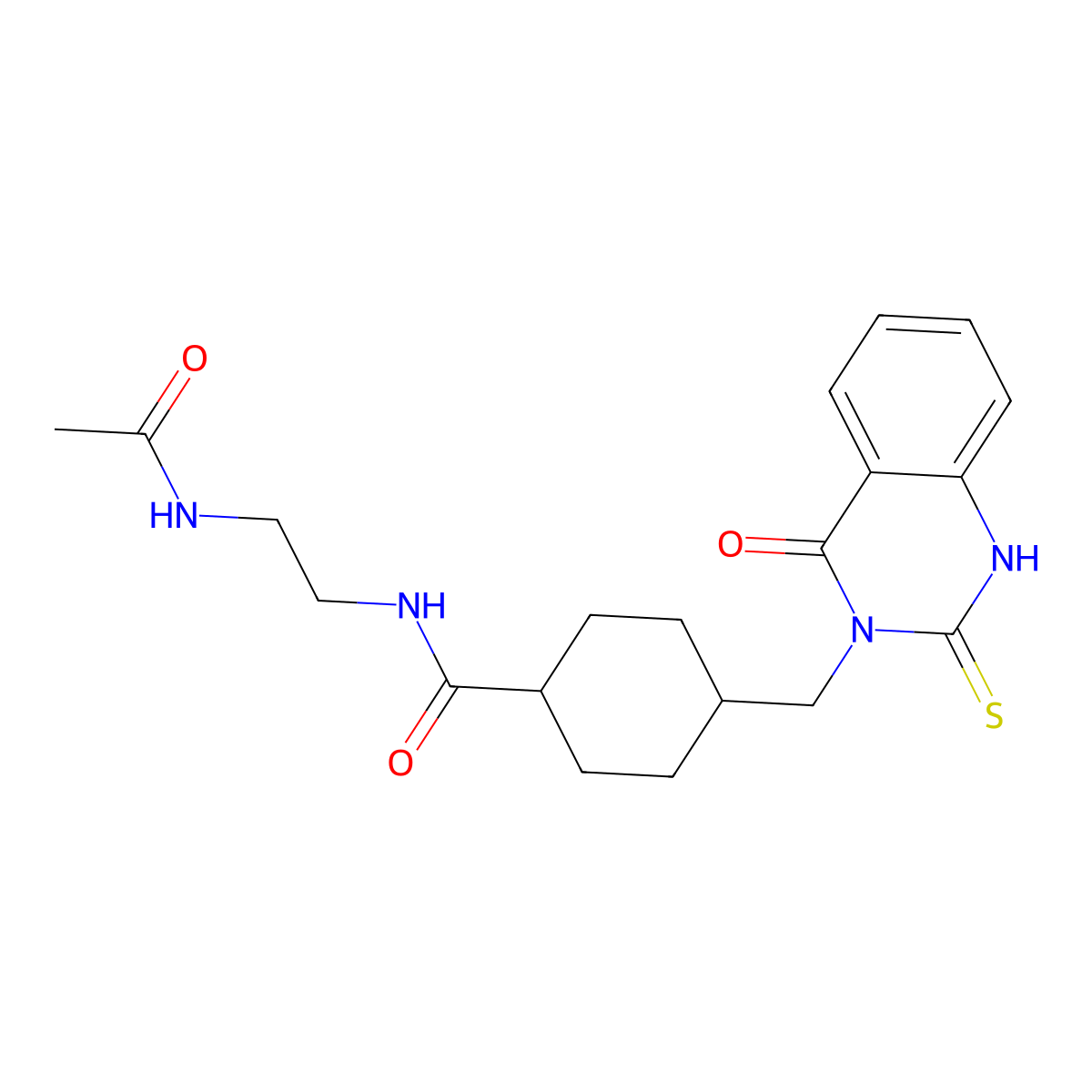 N-(2-acetamidoethyl)-4-((4-oxo-2-thioxo-1,2-dihydroquinazolin-3(4H)-yl)methyl)cyclohexanecarboxamide molecular structure, CAS 689764-62-3
