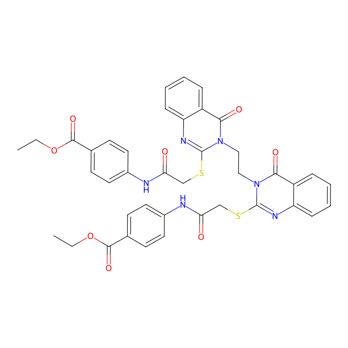 Ethyl 4-(2-{[3-(2-{2-[({[4-(ethoxycarbonyl)phenyl]carbamoyl}methyl)sulfanyl]-4-oxo-3,4-dihydroquinazolin-3-yl}ethyl)-4-oxo-3,4-dihydroquinazolin-2-yl]sulfanyl}acetamido)benzoate molecular structure, CAS 689765-81-9
