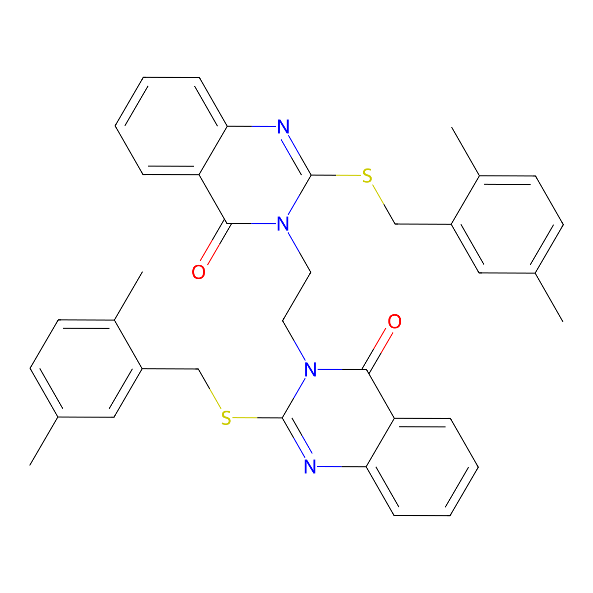2-{[(2,5-Dimethylphenyl)methyl]sulfanyl}-3-[2-(2-{[(2,5-dimethylphenyl)methyl]sulfanyl}-4-oxo-3,4-dihydroquinazolin-3-yl)ethyl]-3,4-dihydroquinazolin-4-one molecular structure, CAS 689765-93-3