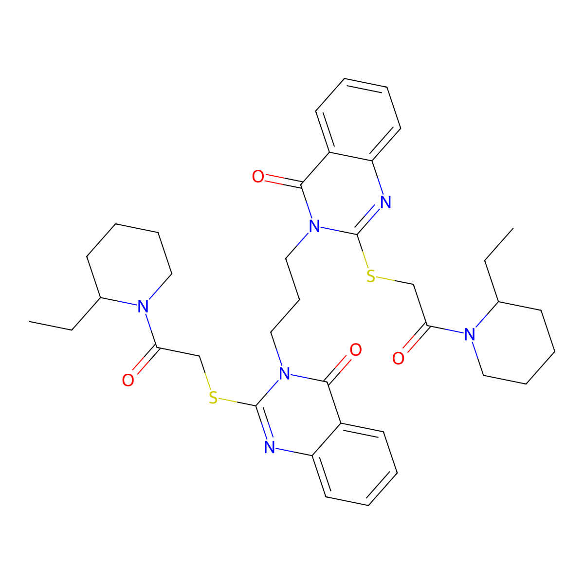 2-{[2-(2-Ethylpiperidin-1-yl)-2-oxoethyl]sulfanyl}-3-[3-(2-{[2-(2-ethylpiperidin-1-yl)-2-oxoethyl]sulfanyl}-4-oxo-3,4-dihydroquinazolin-3-yl)propyl]-3,4-dihydroquinazolin-4-one molecular structure, CAS 689766-05-0