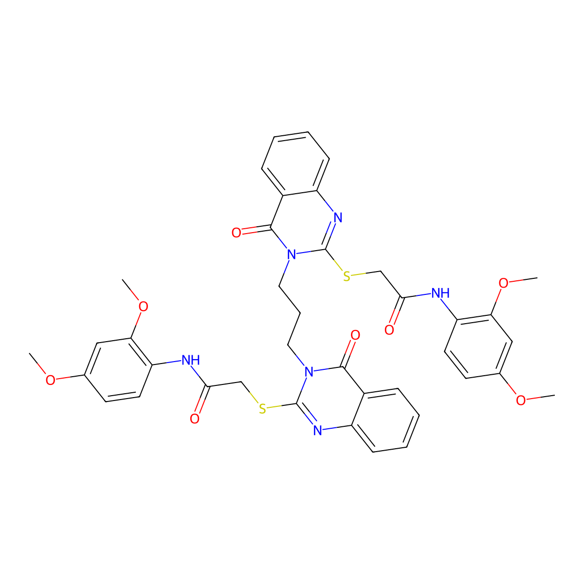 N-(2,4-dimethoxyphenyl)-2-[(3-{3-[2-({[(2,4-dimethoxyphenyl)carbamoyl]methyl}sulfanyl)-4-oxo-3,4-dihydroquinazolin-3-yl]propyl}-4-oxo-3,4-dihydroquinazolin-2-yl)sulfanyl]acetamide molecular structure, CAS 689766-90-3