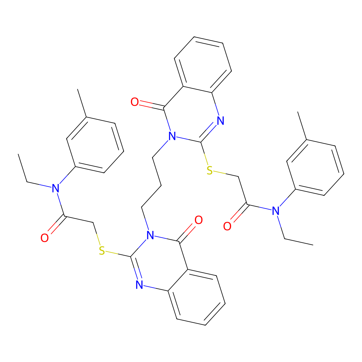 N-ethyl-2-[(3-{3-[2-({[ethyl(3-methylphenyl)carbamoyl]methyl}sulfanyl)-4-oxo-3,4-dihydroquinazolin-3-yl]propyl}-4-oxo-3,4-dihydroquinazolin-2-yl)sulfanyl]-N-(3-methylphenyl)acetamide molecular structure, CAS 689766-96-9