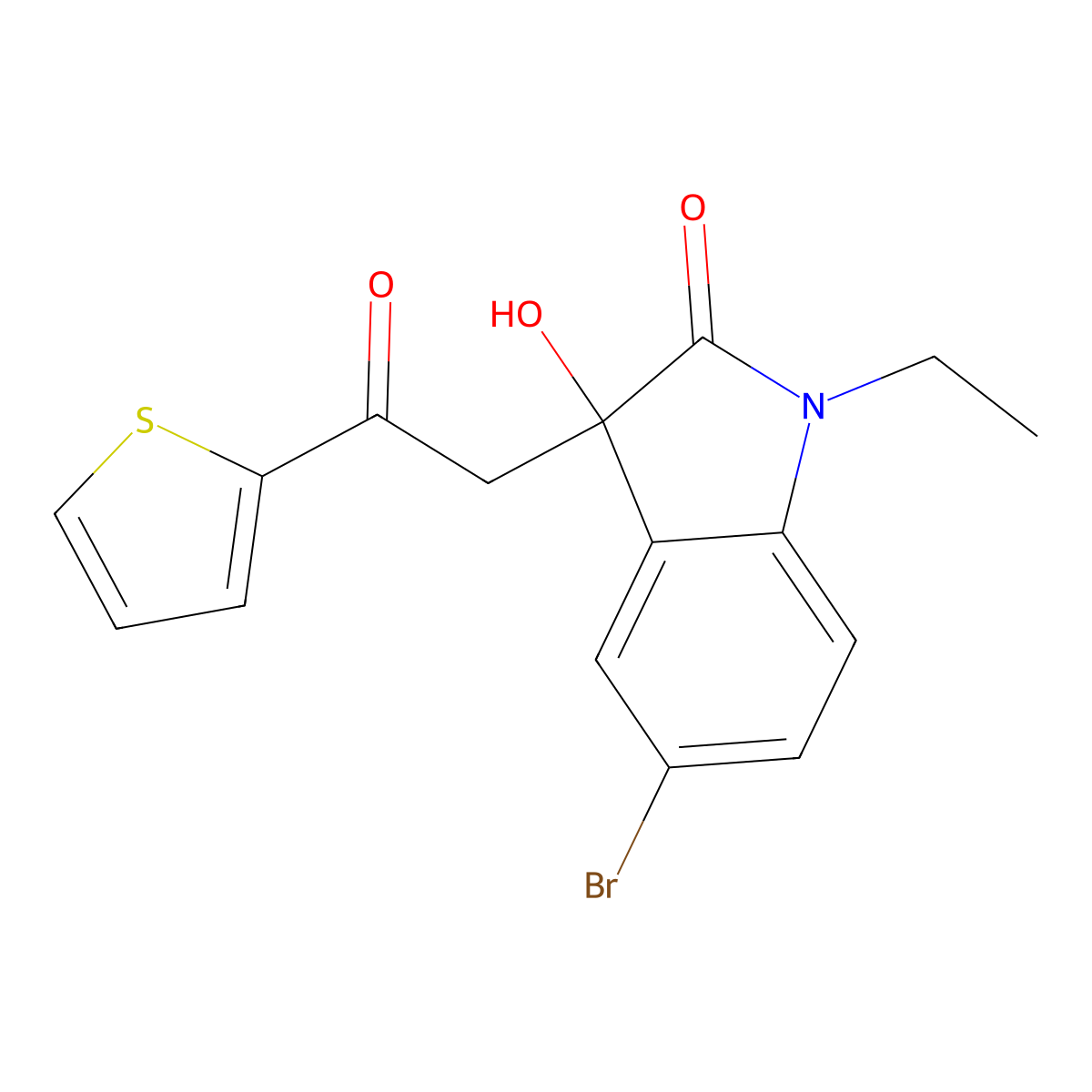 5-Bromo-1-ethyl-3-hydroxy-3-(2-oxo-2-thiophen-2-ylethyl)indol-2-one molecular structure, CAS 689769-82-2