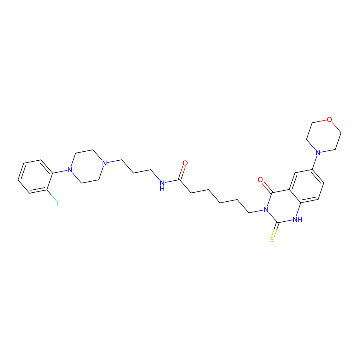 N-(3-(4-(2-fluorophenyl)piperazin-1-yl)propyl)-6-(6-morpholino-4-oxo-2-thioxo-1,2-dihydroquinazolin-3(4H)-yl)hexanamide molecular structure, CAS 689769-87-7